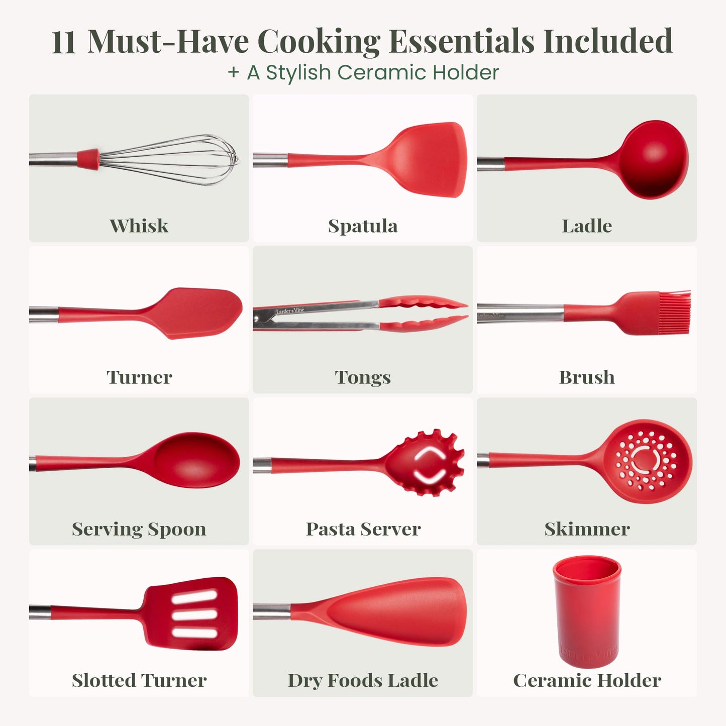 Cabernet 12-Piece Silicone Cooking Utensils Set | Silicone Utensils with Stainless Steel Handle and Ceramic Holder | Kitchen Utensils Set | Dishwasher Safe Set of Kitchen Essentials | Cabernet