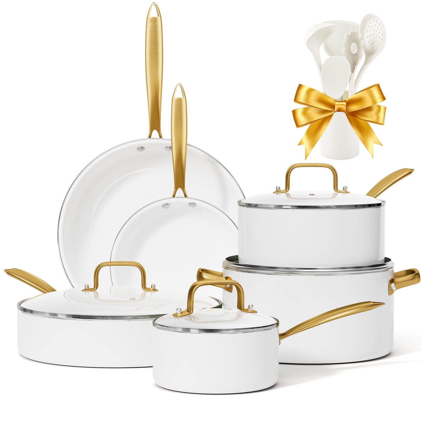 Ceramic Cookware Set, Voniki 16 Pcs Pots and Pans Set Non Stick, Kitchen Cookware Sets with Cooking Utensils Set, Non Toxic Cookware Set White Gold Pan Set for Cooking Pot Oven & Dishwasher Safe, Gift