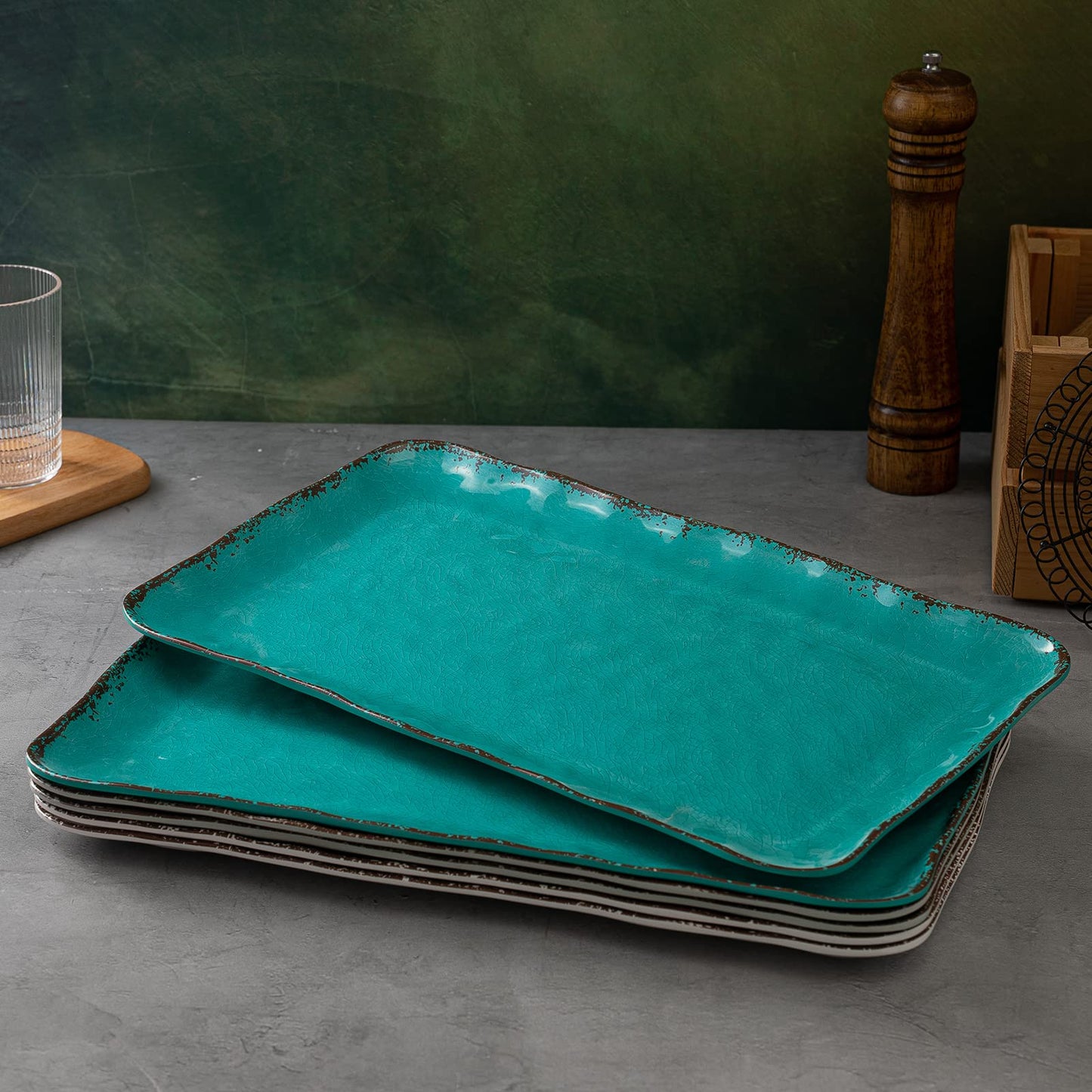 Teal Vintage Trim Melamine Serving Tray Set, Rectangular Large Serving Trays/Platters Set for Serving Food, BPA Free Food Serving Platters and Trays, Set of 2, 17.5"x 10", Teal