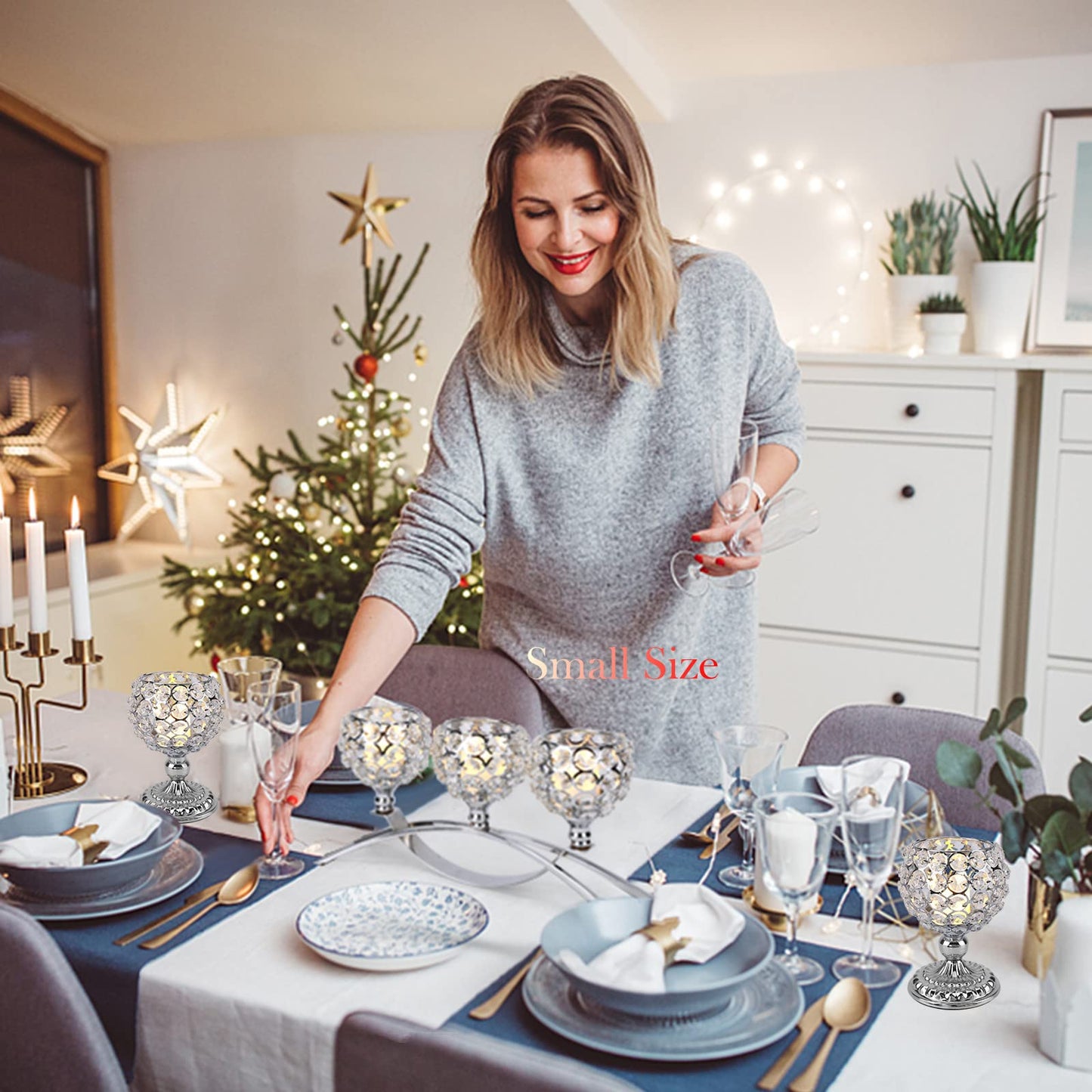 Silver Crystal Candle Holders 3 Arms Unique Bling Tea Lights Candle Holder Coffee Dining Table Centerpiece Table Decorations for Dining Room Mothers Day Christmas Wedding Housewarming Gift