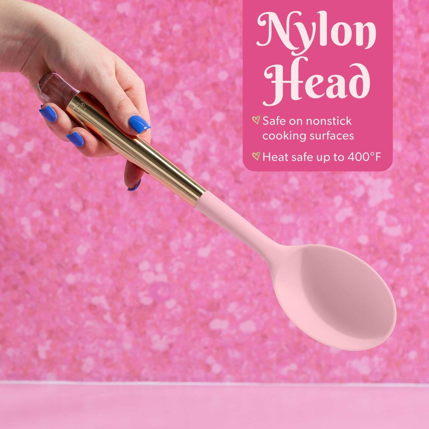 Paris Hilton Solid Spoon with Pink Jewel Shaped Handle, Heat-Resistant up to 400°F, Dishwasher Safe Kitchen Tools and Utensil, Pink and Gold