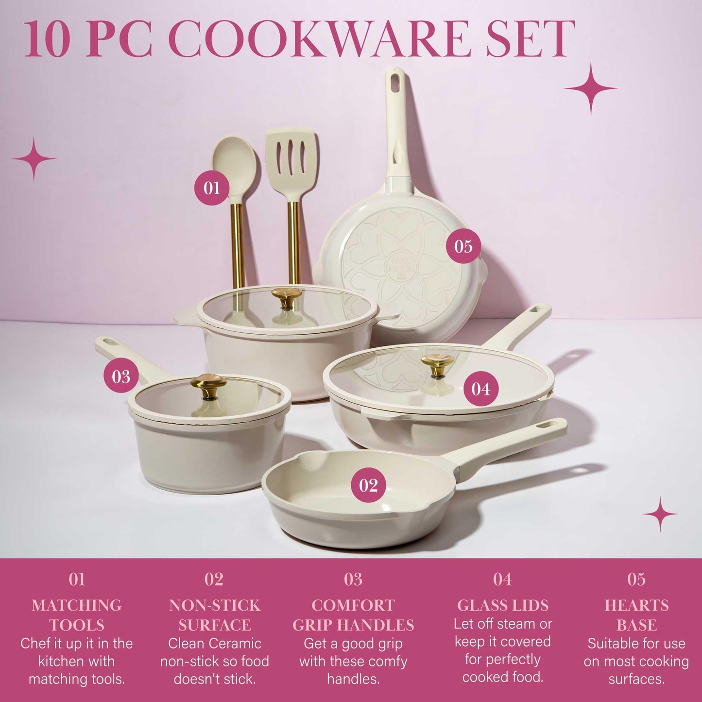 Paris Hilton Ceramic Nonstick Cookware Set, Cast Aluminum with Dual Layer Nonstick Coating, Gold Heart Knobs, Stay-Cool Handles, Made without PFAS, PFOA, PFOS & PTFE, Dishwasher Safe, 10-Piece, Cream