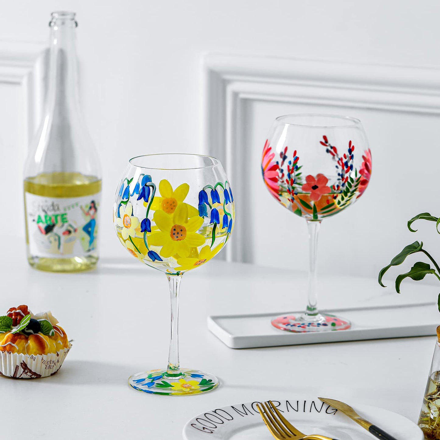 Hand-Painted Wine Glass Blue White Yellow Flowers Artisan Painted 20.5 Oz. Personalised Gift Idea