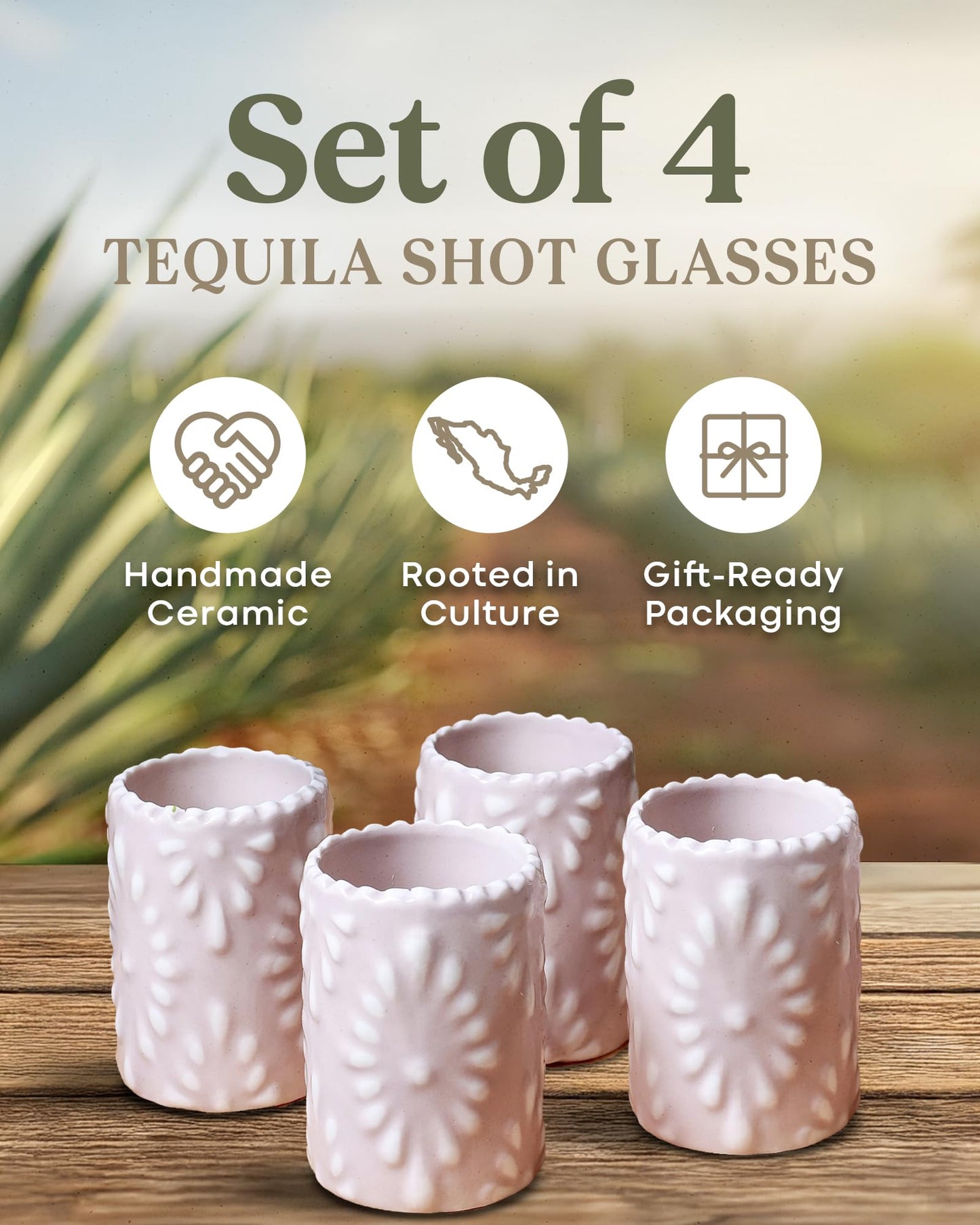 MEZCASA Talavera Shot Glasses — 100% Handmade Ceramic Tequila Shot Glasses with Talavera Mexican Pottery Design — Perfect Tequila Gifts for Women & Men for Any Occasion (BLUSH PINK| SET OF 4)