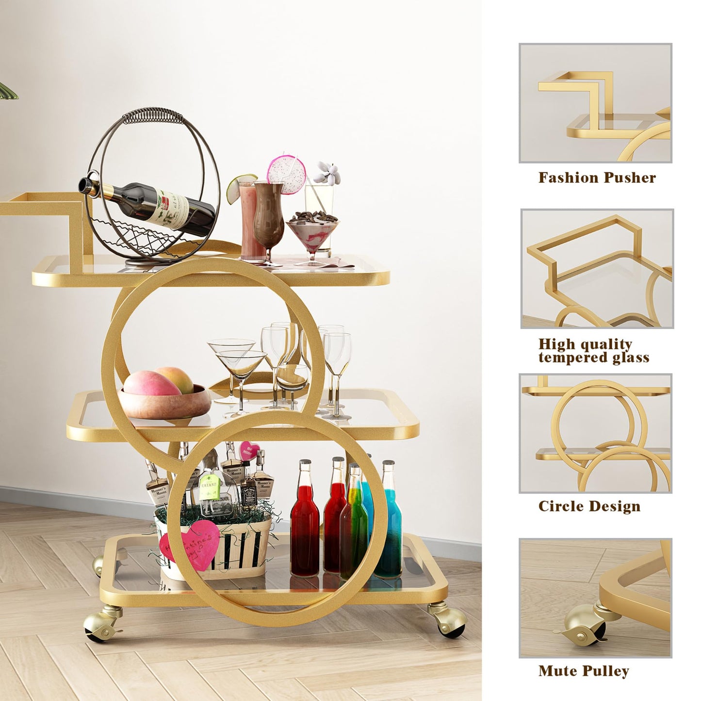 LORMITER Gold Bar Carts with 3-Tier Shelves, Rolling Bar Carts on Wheels, Kitchen Serving Cart for Dining Room, Glass Bar Carts for Home Use, Round Bar Carts, Wine Carts.