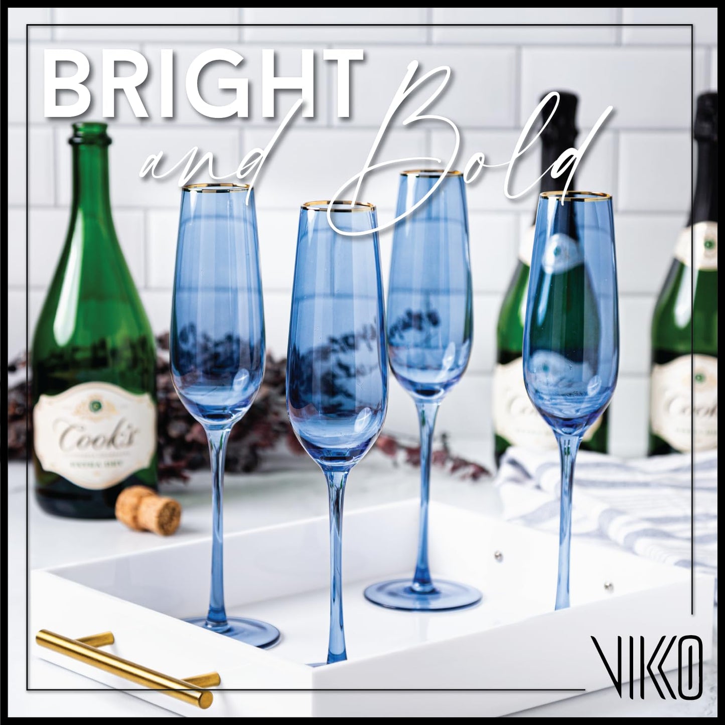 Vikko Champagne Flutes, 8.5 Ounce Toasting Champagne Flute, Blue with Gold Rim Crystal Clear Champagne Glasses, Set of 2 Elegant Sparkling Wine Glasses