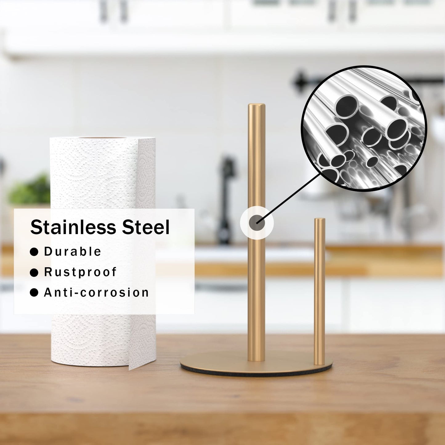 Paper Towel Holder Gold Kitchen Roll Holder, Premium Stainless Steel Paper Towel Holder for Kitchen Roll Organize, Countertop Roll Dispenser with Weighted Base