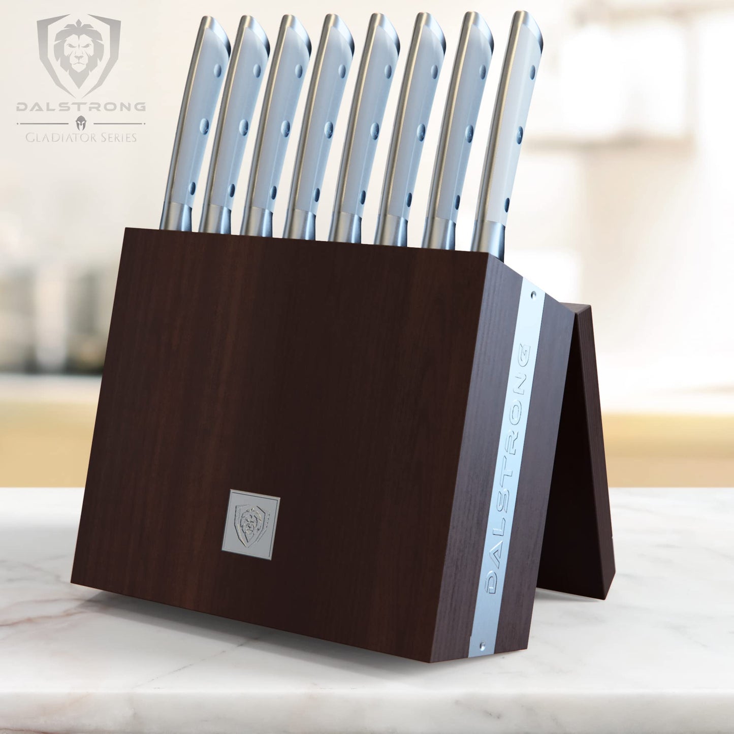 Dalstrong Steak Knife Set with Folding Block - 8-Piece - Gladiator Series - 5" Straight Edge Blade - Forged High-Carbon German Steel - w/Modular Storage Block - Glacial White ABS Handle - NSF Certified