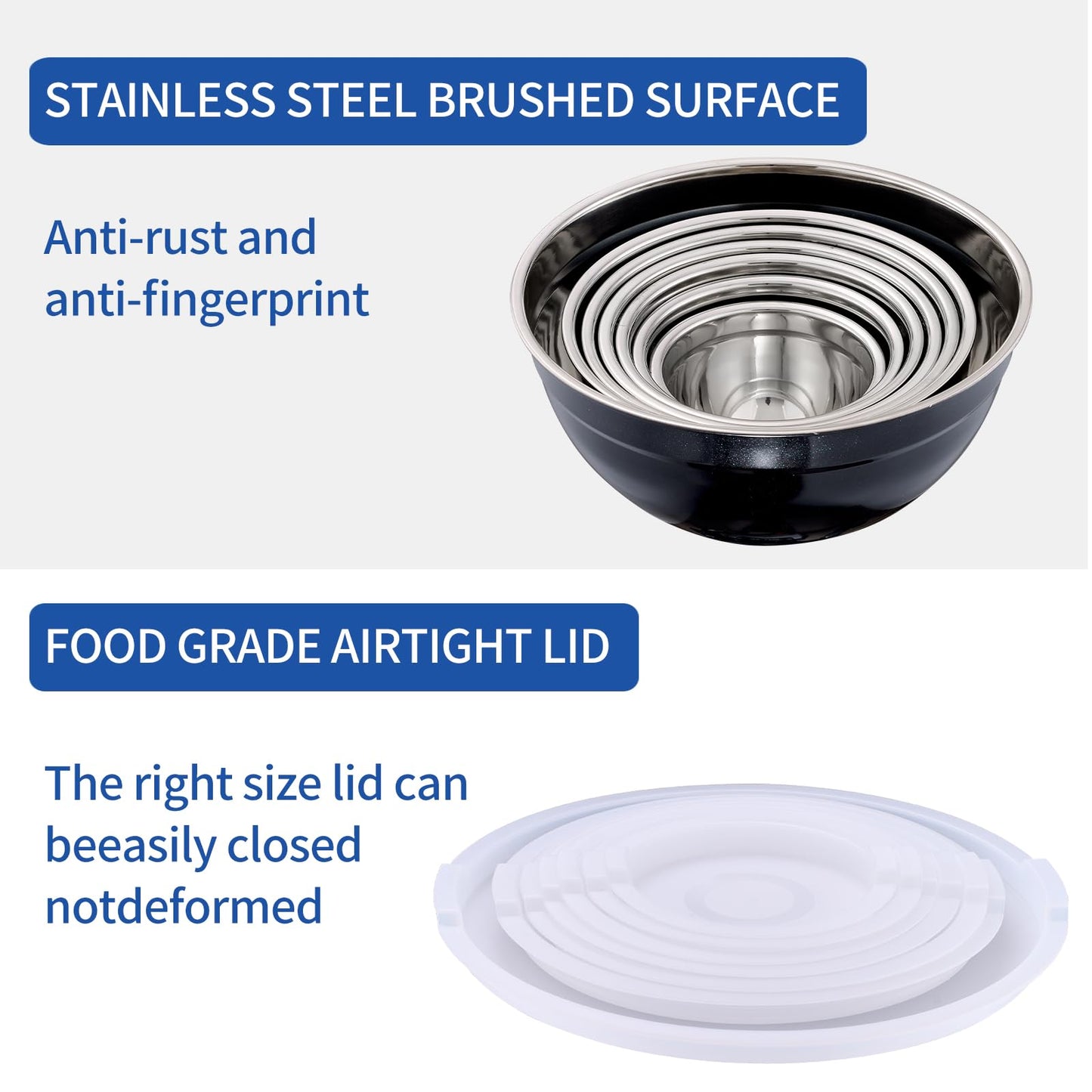 Moxinox Black Mixing Bowls with Airtight Lids, Stainless Steel Nesting Mixing Bowls Set of 7, Ideal for Baking, Prepping and Serving Food, Size 7, 3.6, 2.7, 2.1, 1.5, 1.1,0.8 QT, Stackable Design