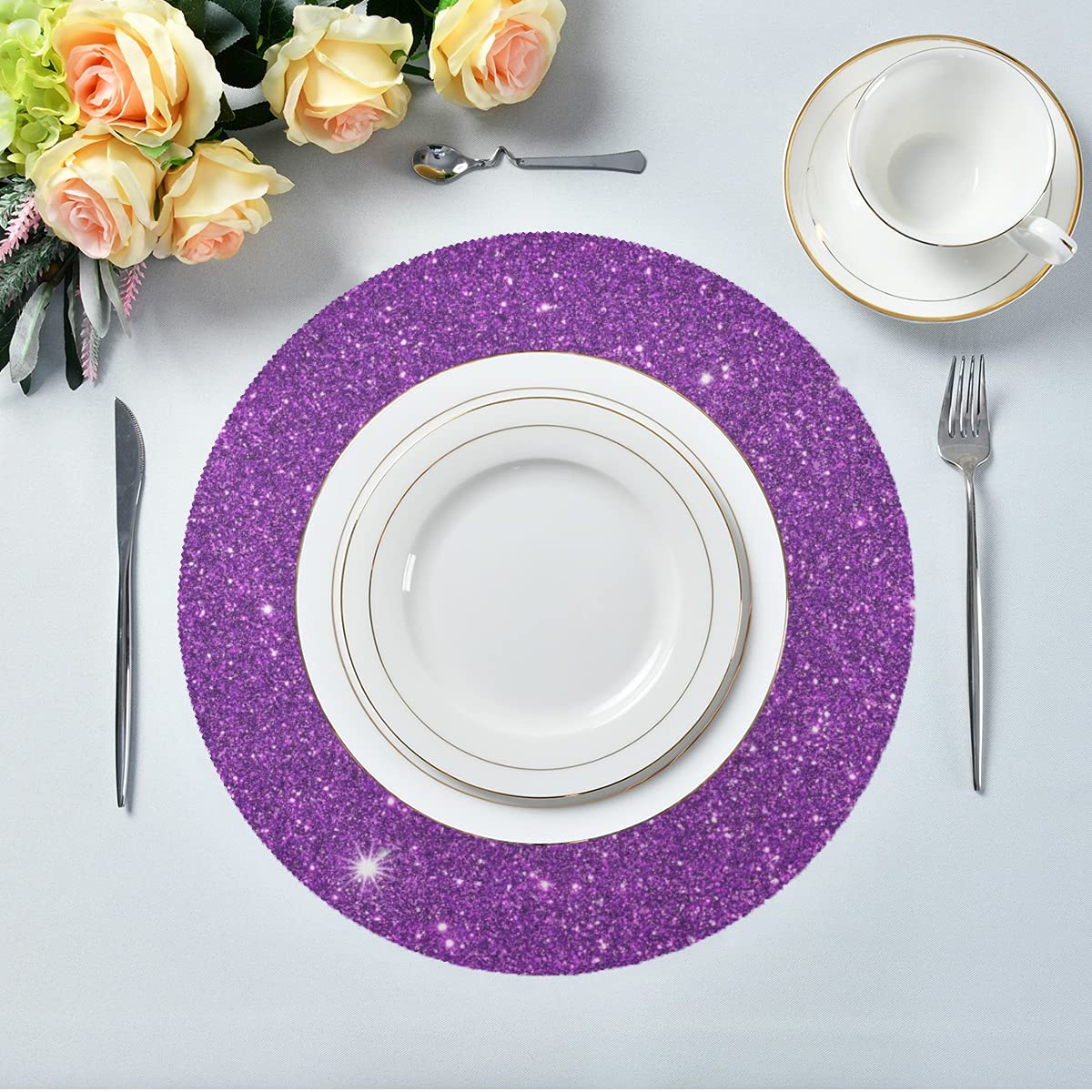 Placemats Purple Placemats Purple Dark Sparkly Glitter Shinning Place Mat Set of 4 Table Mats 15.4 inch for Kitchen Dining Table Holiday Party