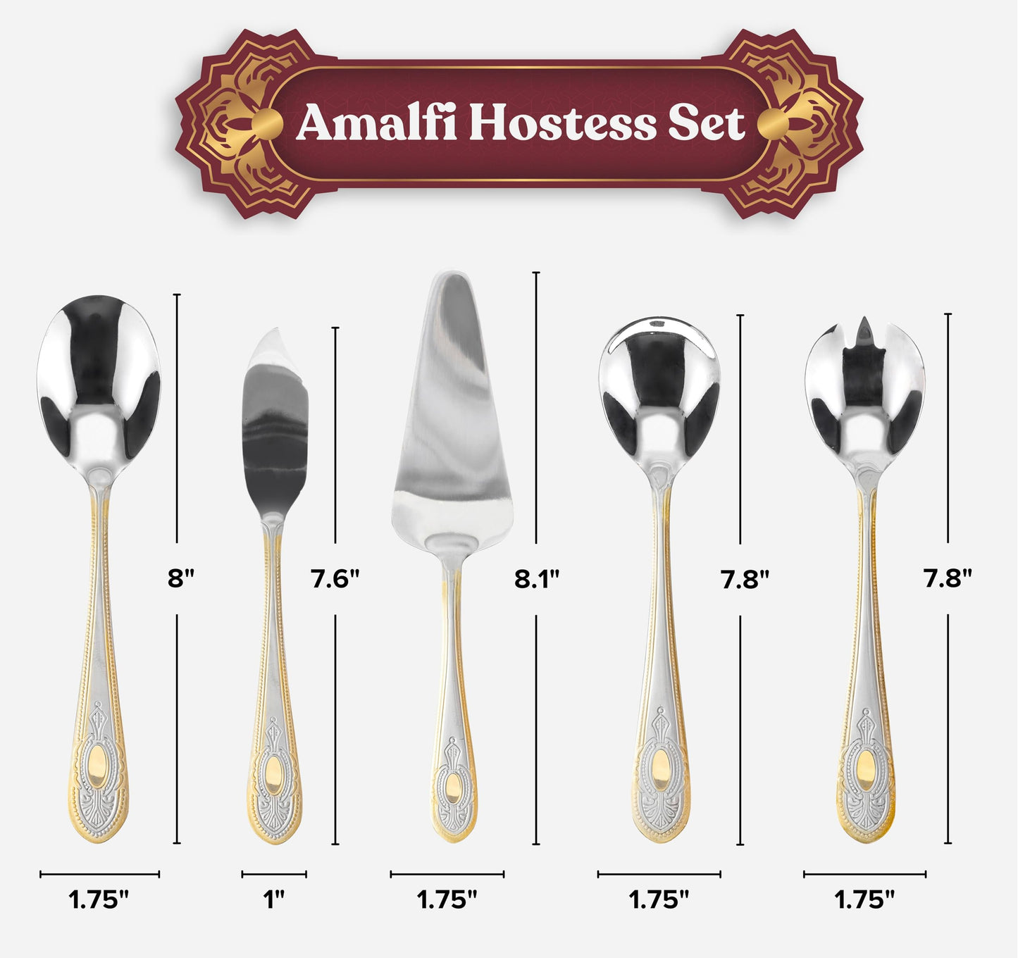 5 Piece Hostess Set - 18/10 Stainless Steel Serving Utensil Set - Gorgeous Vintage Handle with Gold Detailing - Dishwasher Safe - Silver and Gold Flatware Hostess Serveware (Amalfi)