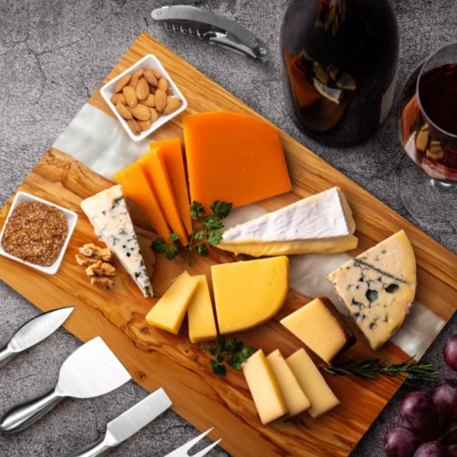 Handcrafted Italian Olive Wood Cheese and Charcuterie Board Set with Unique White Pearl Resin Artwork - Cutting Board Comes with 4 Cheese Knives, 2 Dipping Bowls & Corkscrew Wine Opener (White Pearl)