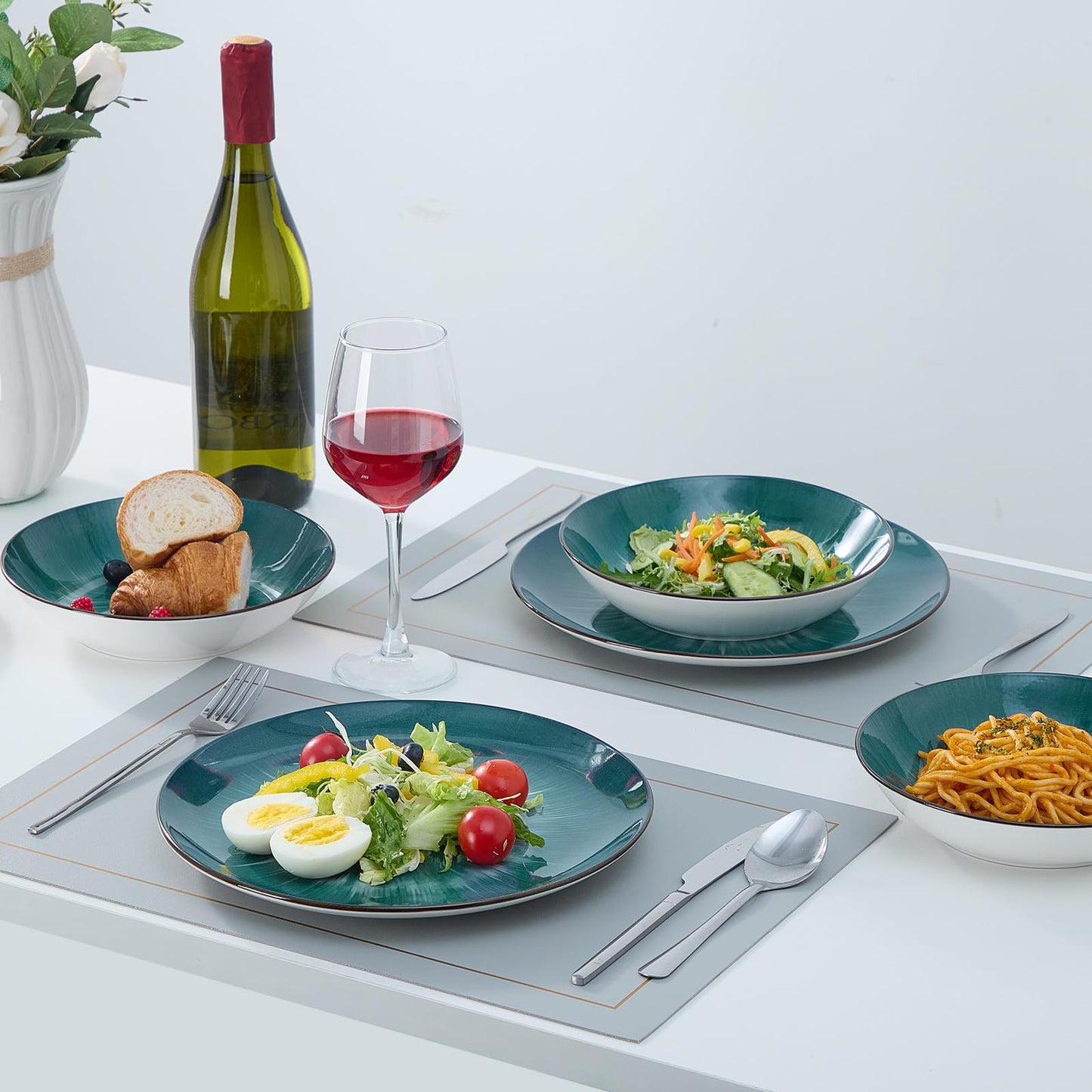 Bestone 12 Piece Round Kitchen Dinnerware Set,Plates and Bowls sets,Dishes, Plates, Bowls, Dish Set,Plates and Bowls,Service for 4, Chip Resistant Porcelain,Starburst Green