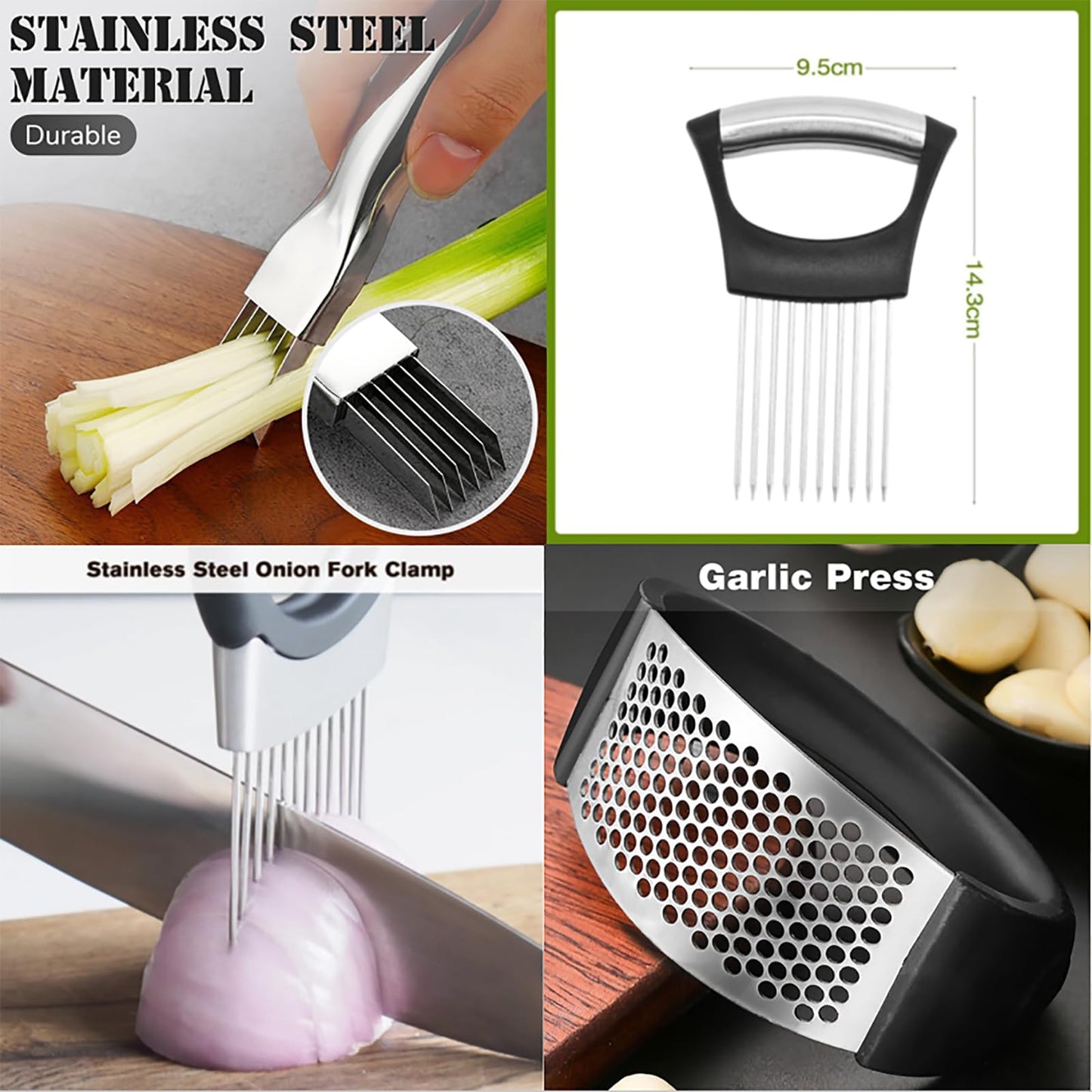 Garlic Mincer Tool, Stainless Steel Garlic Presser, Garlic Crusher with Onion Holder for Slicing, Garlic Chopper Mincer Crusher Grinder Masher with Shred Silk The Knife (Black, with Long Onion Fork)