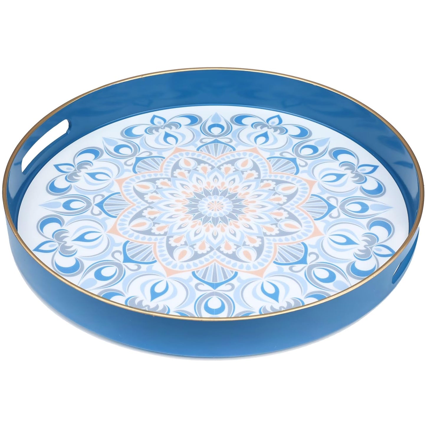 Round Blue Decorative Tray for Coffee Table, Ottoman, 13” Plastic Serving Platter Tray with Handles for Entertaining, Living Room