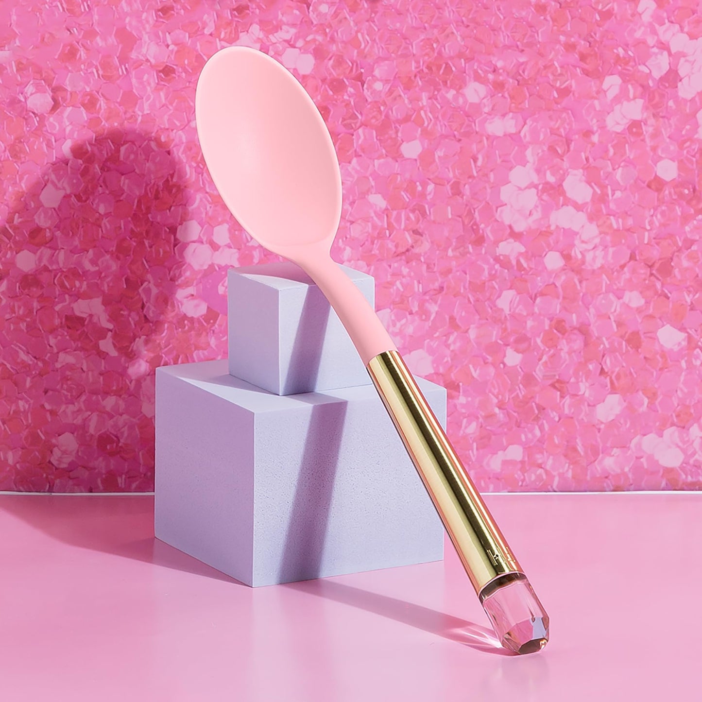 Paris Hilton Solid Spoon with Pink Jewel Shaped Handle, Heat-Resistant up to 400°F, Dishwasher Safe Kitchen Tools and Utensil, Pink and Gold