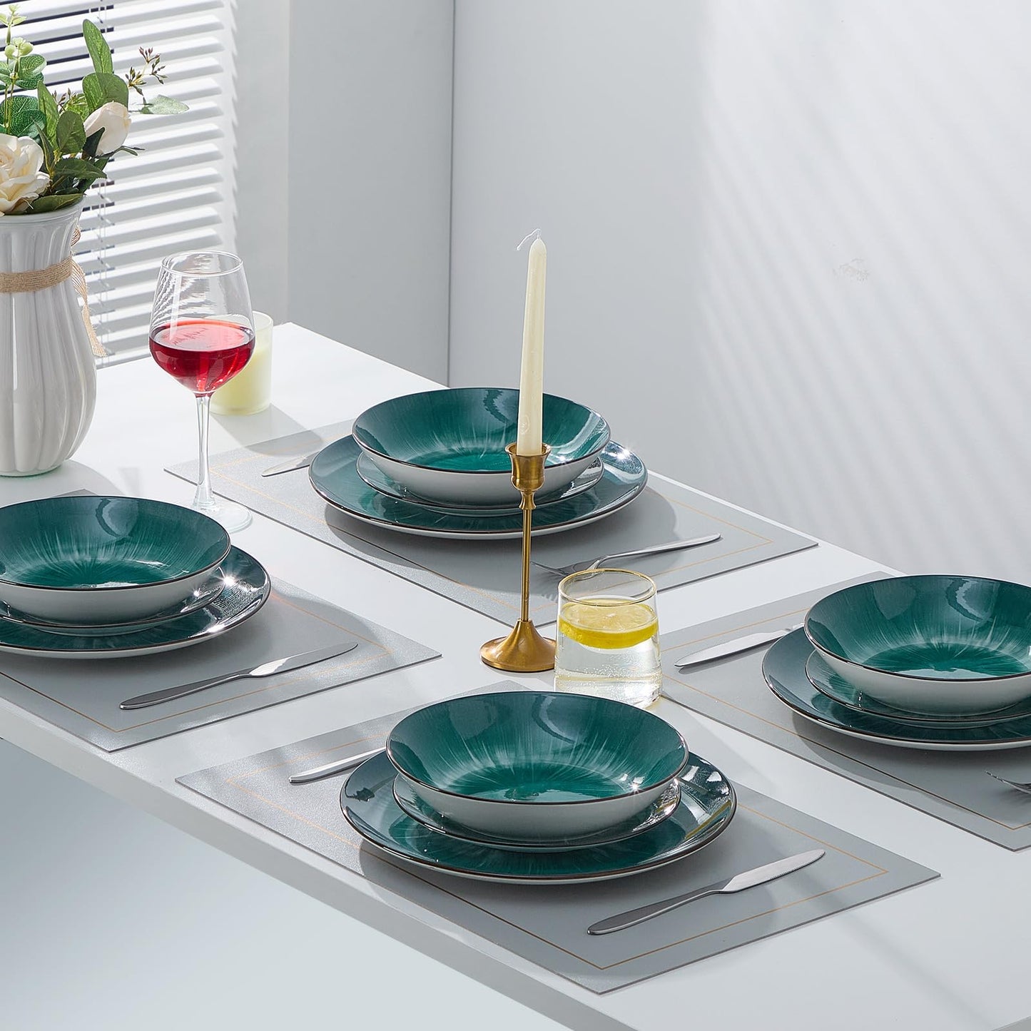 Bestone 12 Piece Round Kitchen Dinnerware Set,Plates and Bowls sets,Dishes, Plates, Bowls, Dish Set,Plates and Bowls,Service for 4, Chip Resistant Porcelain,Starburst Green