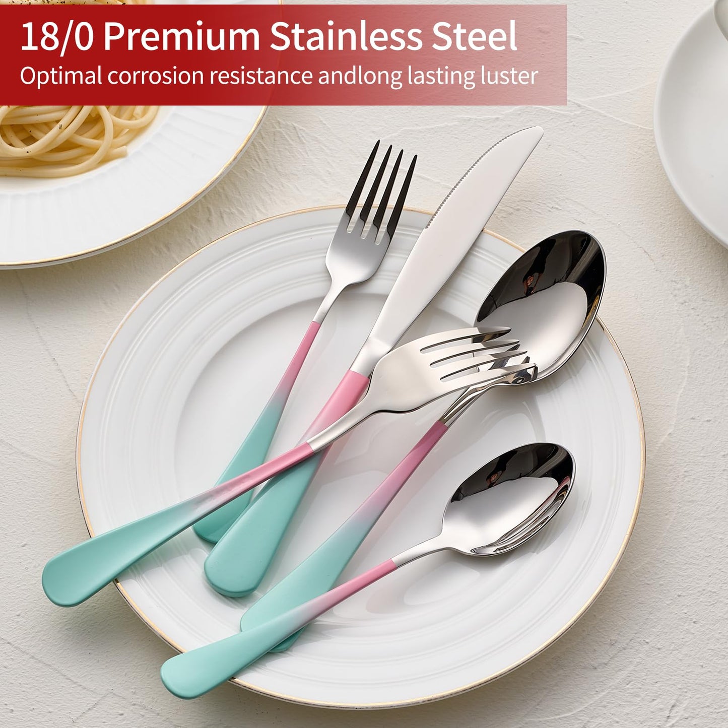 Unique Pink and Aqua 20-Piece Silverware Set 18/0 Stainless Steel Flatware Pink and Green Handle Cutlery Set Service for 4 Fork Knife Spoon Set Mirror Finish Dishwasher Safe