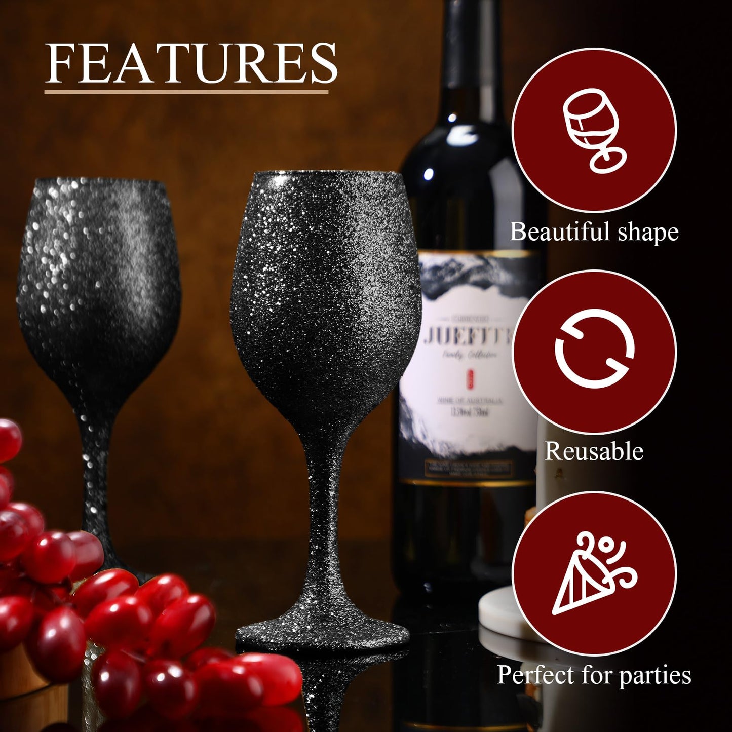 Singhoow Christmas Wine Glasses Set of 12, Glitter Long Stem Wine Glasses 13.5 oz Glitter Glass Wine Cups for Wedding, Anniversary and Home(Black)