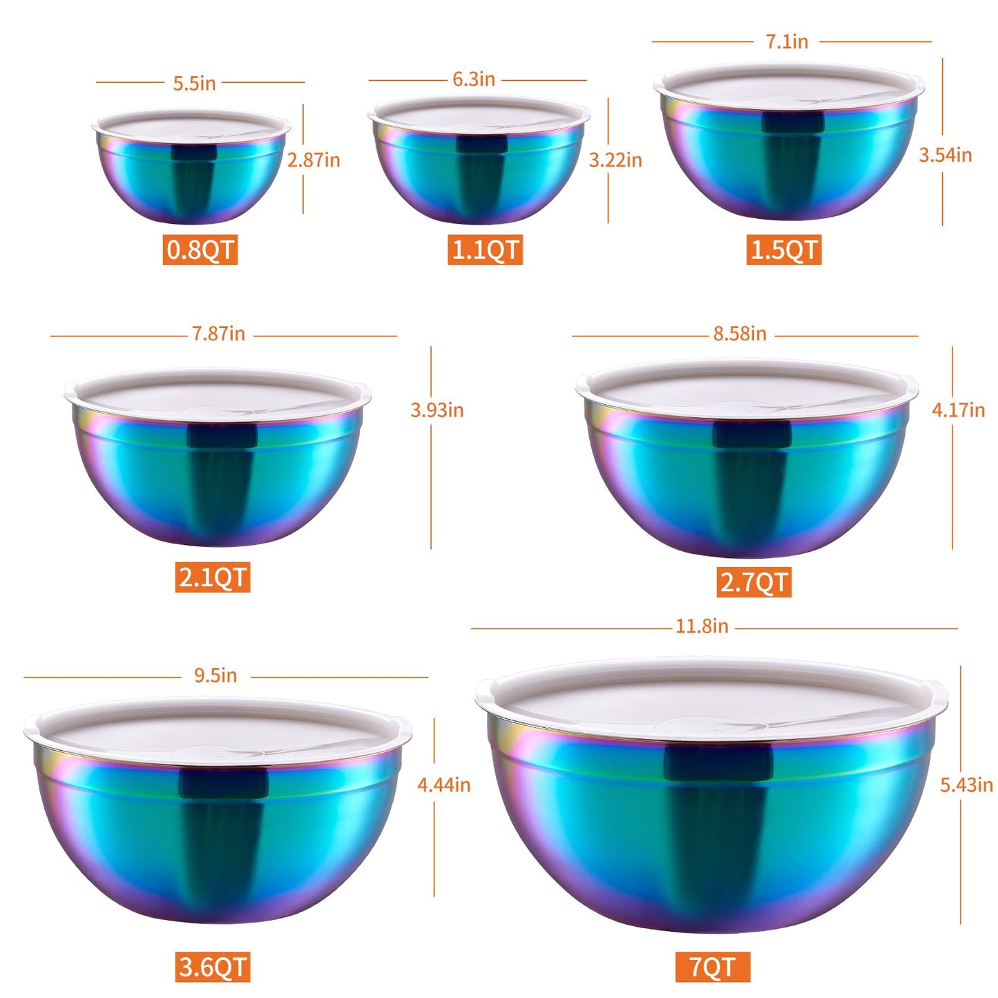 Moxinox Colorful Mixing Bowls with Airtight Lids, Stainless Steel Nesting Mixing Bowls Set of 7, Ideal for Baking, Prepping and Serving Food, Size 7, 3.6, 2.7, 2.1, 1.5, 1.1,0.8 QT, Stackable Design