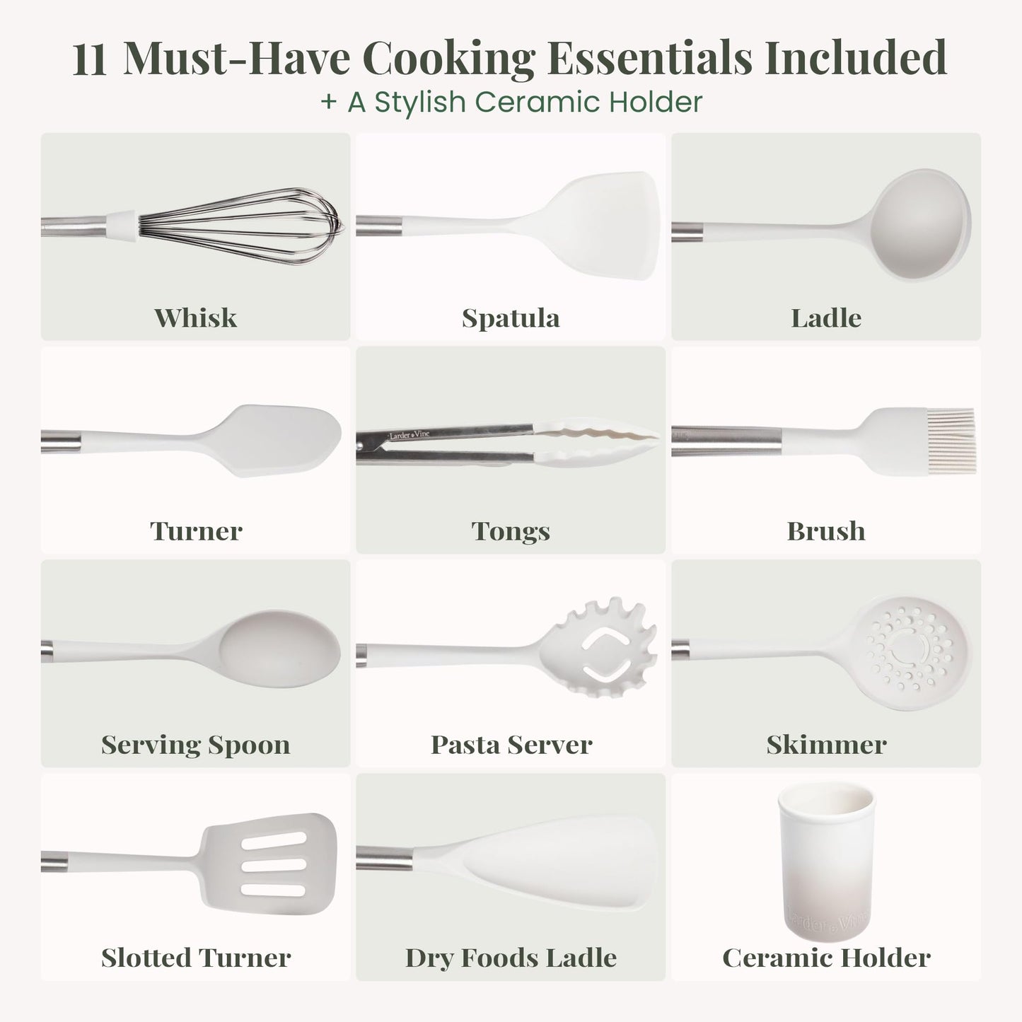 French Grey 12-Piece Silicone Cooking Utensils Set | Silicone Utensils with Stainless Steel Handle and Ceramic Holder | Kitchen Utensils Set | Dishwasher Safe Set of Kitchen Essentials | French Gray