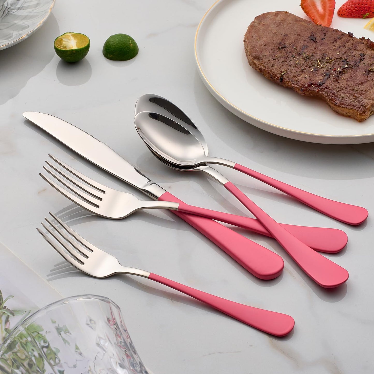 Cotton Candy Pink 20-Piece Silverware Set 18/0 Stainless Steel Flatware Pink Handle Cutlery Set Service for 4 Dinner Knives Forks Spoons Set Mirror Finish Dishwasher Saf