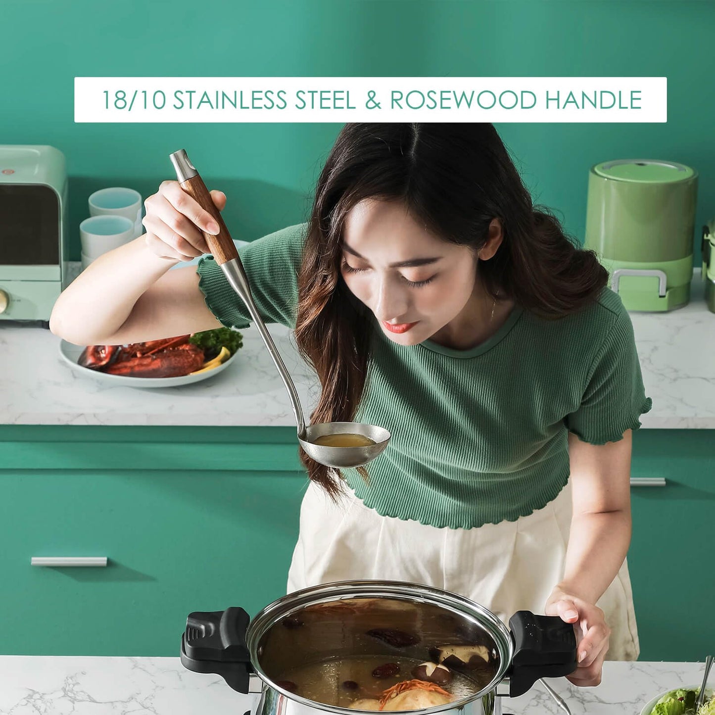 18/10 Stainless Steel Kitchen Utensils Set with Wood Handle - 15” Metal Cooking Tools and Serving Utensil, 8-Pieces Cooking Spoons Set - Spatula, Ladle, Skimmer, Turner, Pasta, Solid Spoon, Slotted Spoon