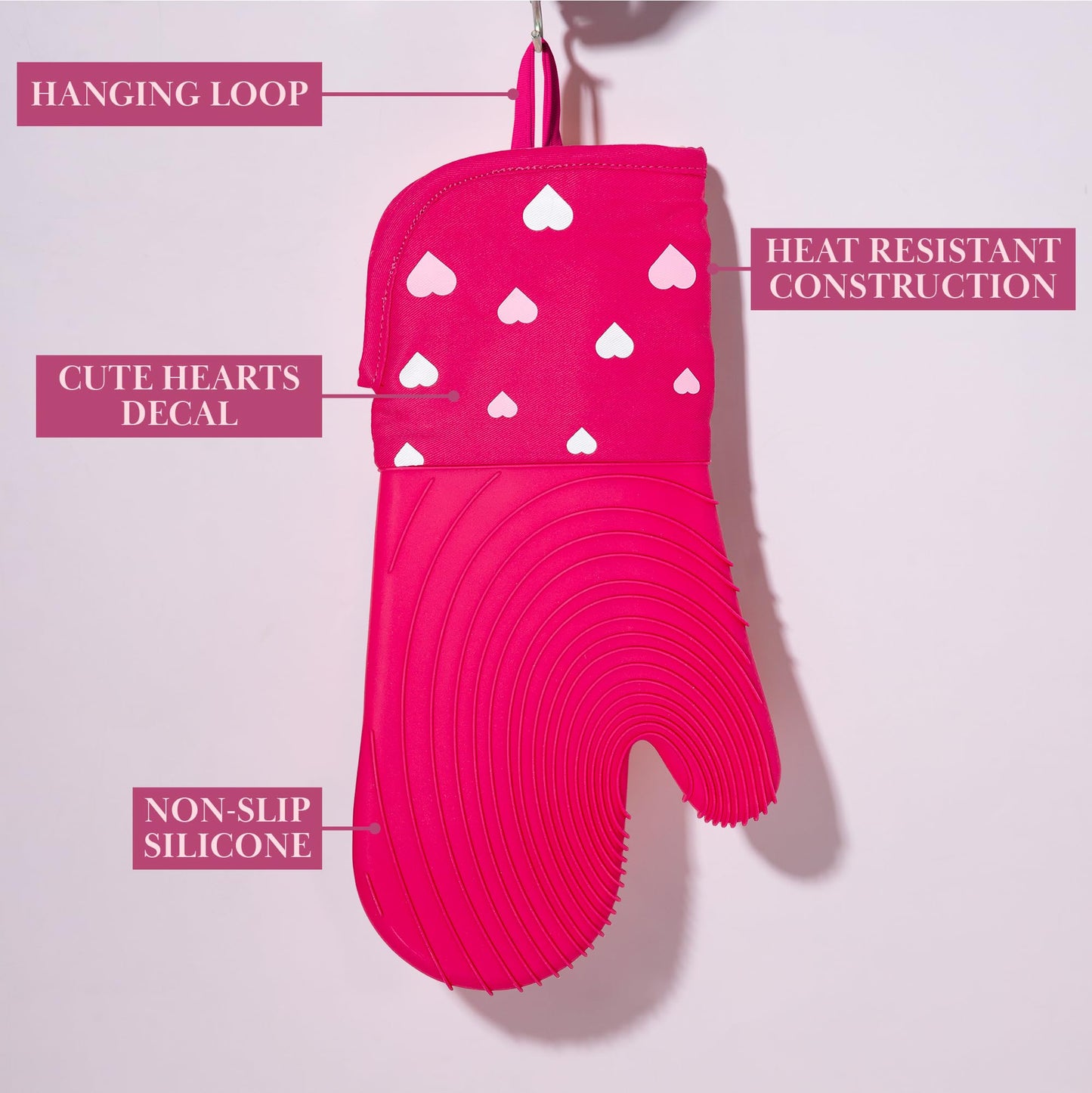 Paris Hilton Oven Mitt Set with Heart Design, Heat Resistant Pot Holders Featuring Non-Slip Textured Silicone Grips, 2-Piece Set, Pink