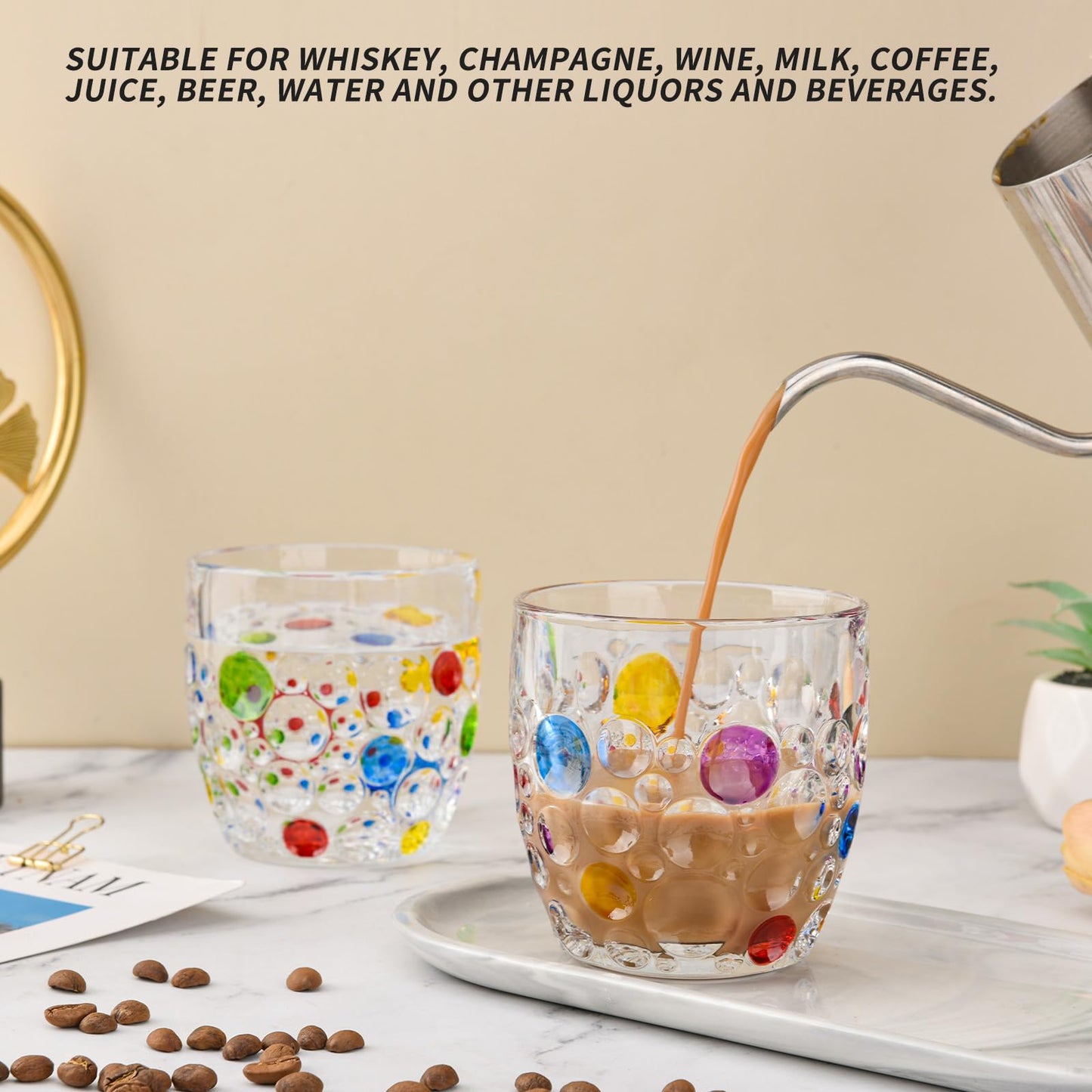 Colorful Bubbly Drinking Glasses Set of 2, 11 oz. (330 ml), Stemless Champagne Glasses, Cocktail Glasses, Stemless Wine Glasses, Iced Tea Mugs, Heavy Duty Glasses For Women (Classic)