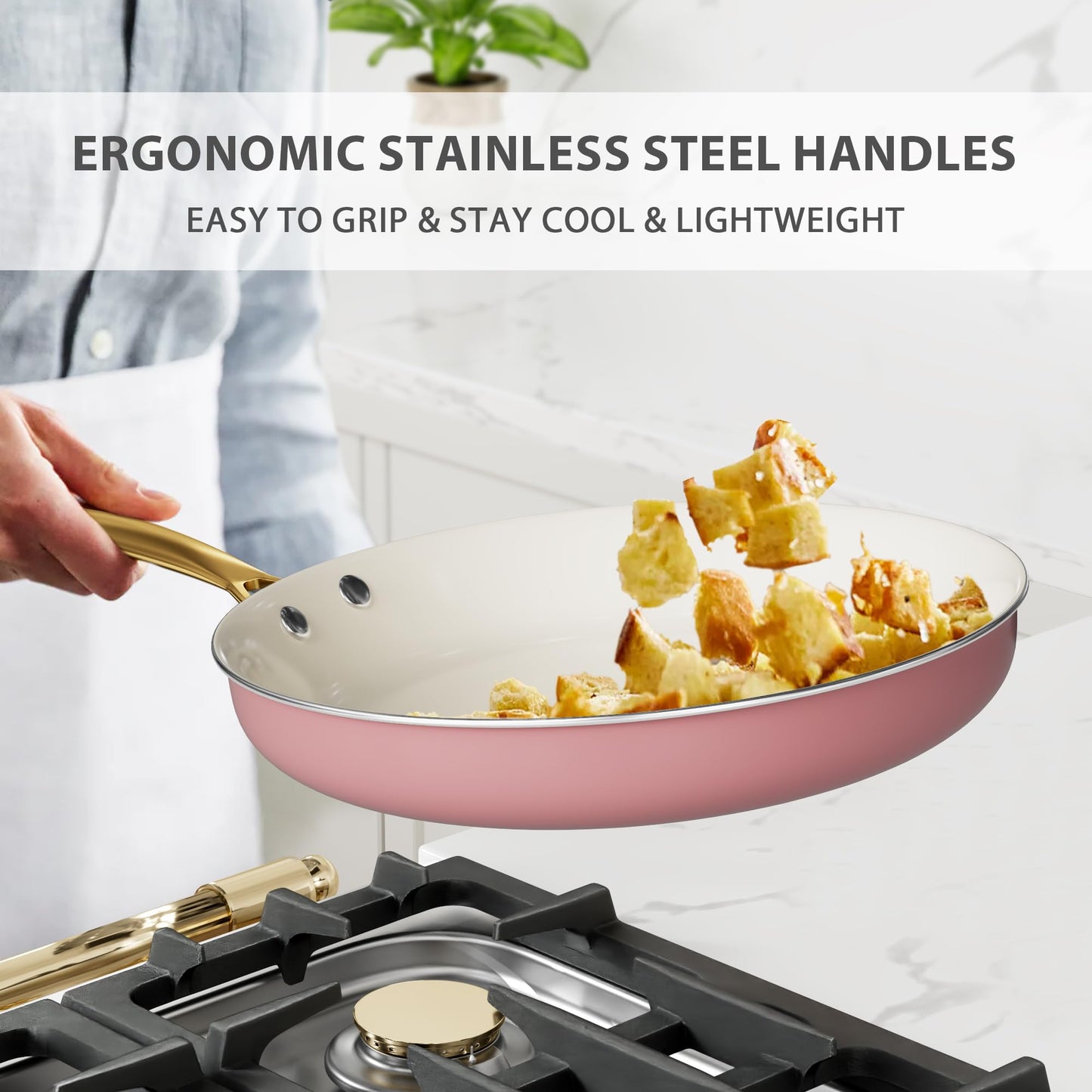 Ceramic Pots and Pans Set - Voniki Non-Toxic Cookware Set with Cooking Utensils Set, Kitchen Cookware Sets Dutch Oven Pot Saucepan Set Sauté Pan Frying Pan Set for Cooking Pot Gold Kitchenware Gift