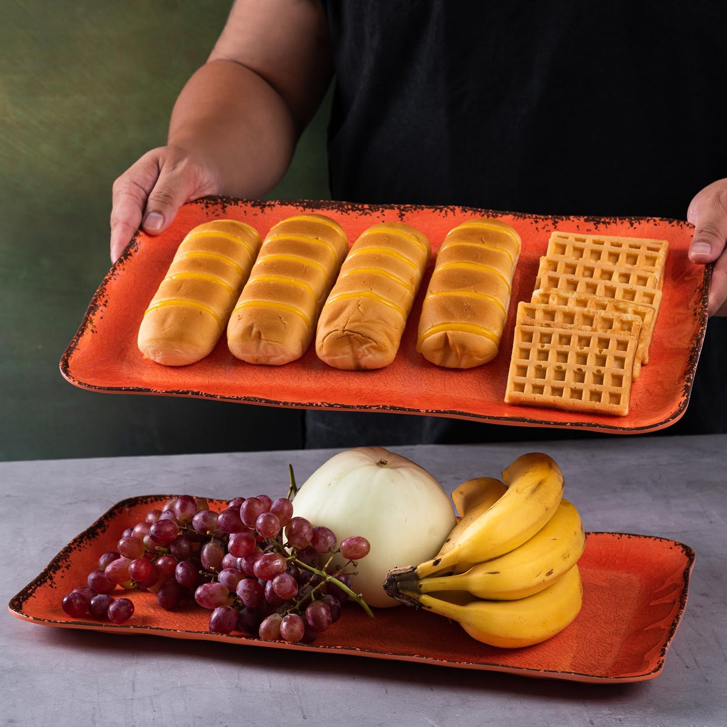 Tangerine Melamine Serving Tray/Platters Set of 2, 17.5" x 10", 2-Piece Large Rectangular Melamine Platter Set for Serving Food, Orange