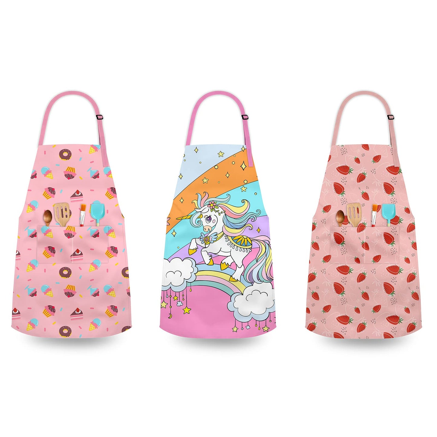 Kids’ Apron for Cooking, Baking, Painting, Crafting, and Gardening - Pastries, Strawberry or Unicorn Theme