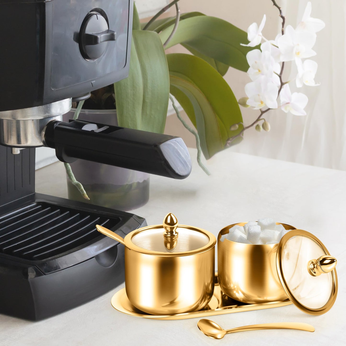2 Pcs Coffee and Sugar Dispenser with Tray - 10 oz Sugar Bowl with Glass Lid and Spoon for Coffee Bar Accessories Kitchen Storage for Salt,Coffee Bean,Brown Sugar Cubes (Gold)