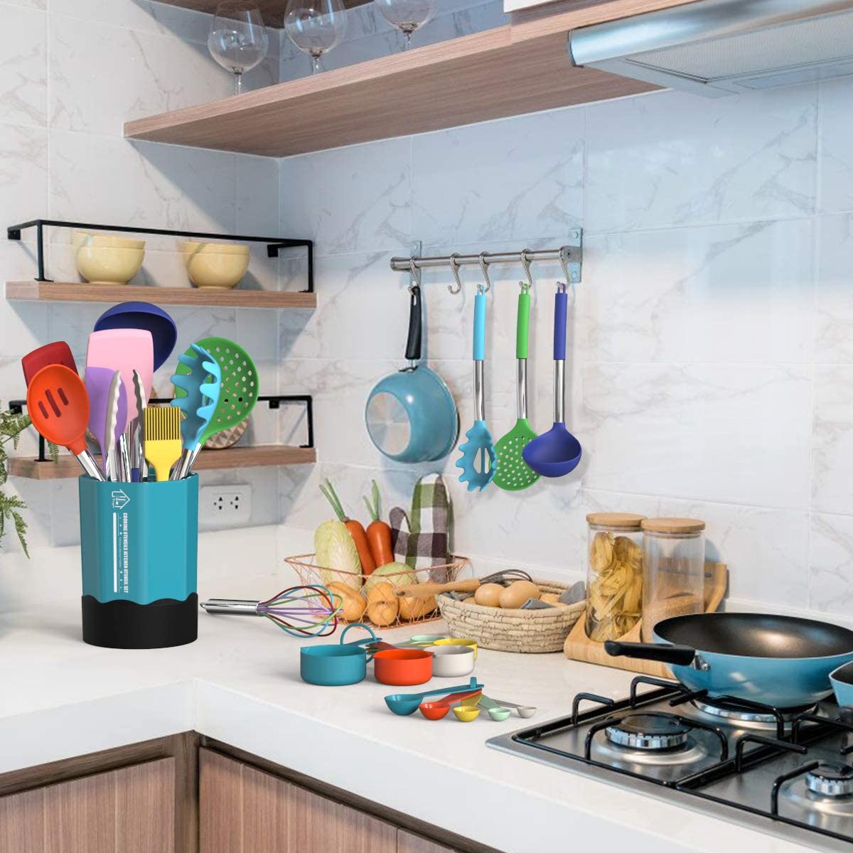 Multi-Colored 24-Piece Silicone Cooking Utensil Set, Fungun Non-stick Kitchen Utensil 24 Pcs. Cooking Utensils Set, Heat-Resistant Cookware, Silicone Kitchen Tools Gift with Stainless Steel Handle (Colorful-24pcs)