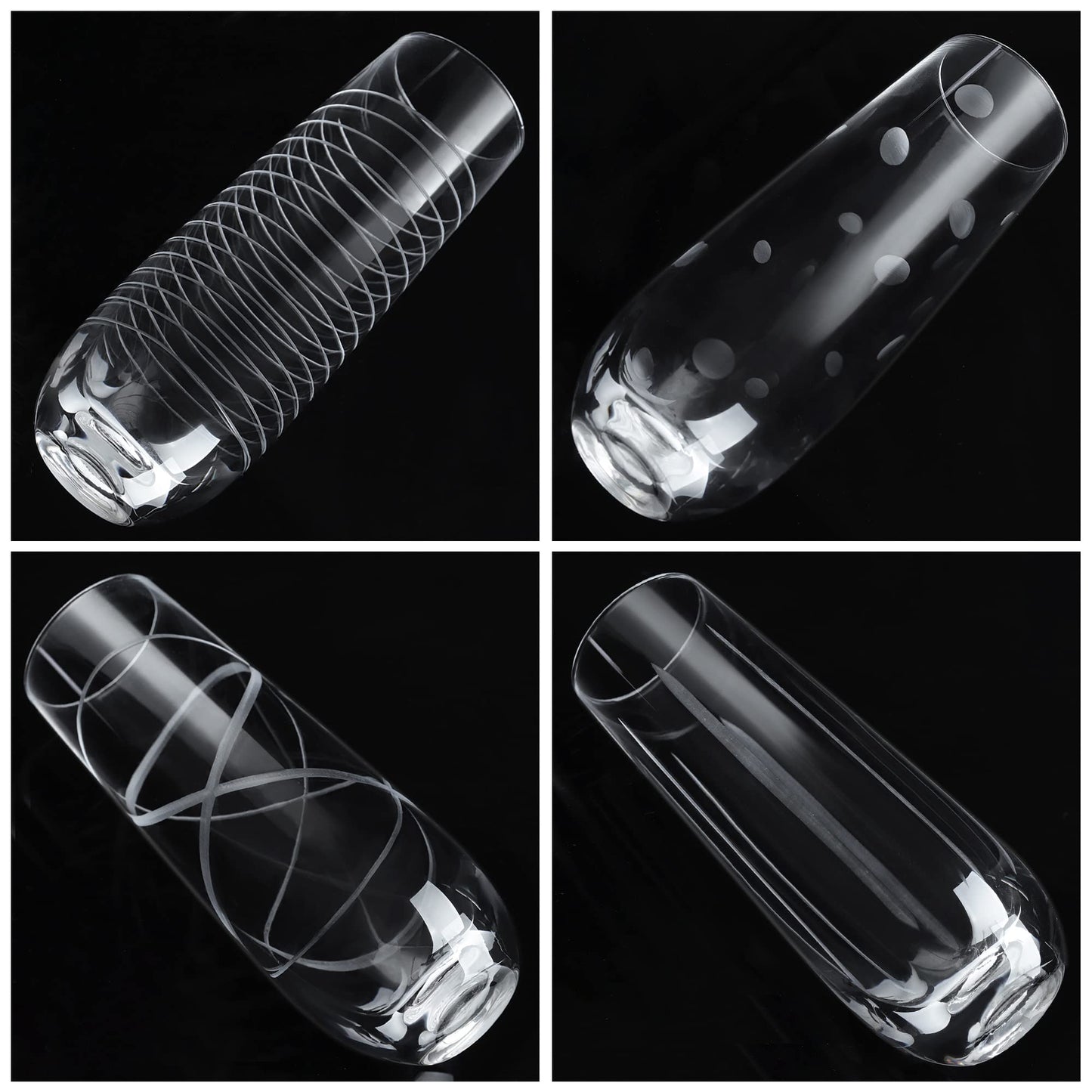 Handmade Mouth-Blown Joeyan Etched Champagne Flutes Glasses Cups, Handmade Mouth Blown Aesthetics Glassware Art Decoration, Home Bar Essentials, Gifts for Wedding Anniversary Daily Use, Set of 4, 9.8 oz., Dishwasher Safe