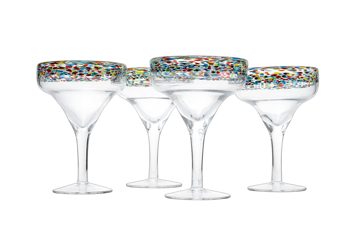 Margarita Glasses – Set of 4 - Luxury Hand Blown Confetti Margaritas, Cocktails, Water, Wine, Dessert, Martini & Champagne Cinco de Mayo, Hand Blown - Mexican Confetti Design Glass, Party, Home & Bar