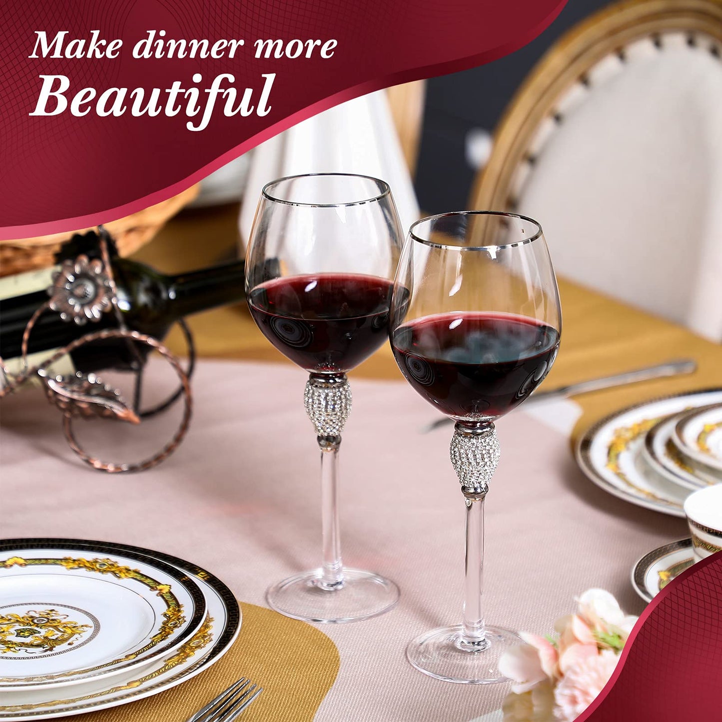 Patelai 2 Pieces Rhinestone Red Wine Christmas Gift Clear Glass with Rim Tulip Shaped Diamond Wine Glasses Long Stem Glassware for Wedding, Parties, Anniversary(Silver)