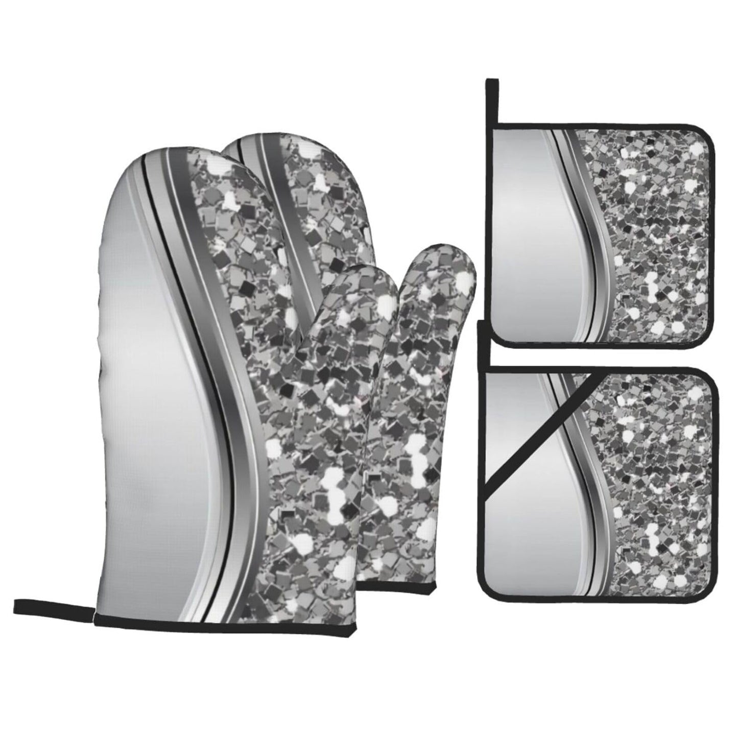 Silver Sparkle Glam Bling Oven Mitts and Pot Holders 4 Pcs Set,High Heat Resistant 500 Degree Extra Thicken Long Kitchen Cotton Oven Glove for Cooking