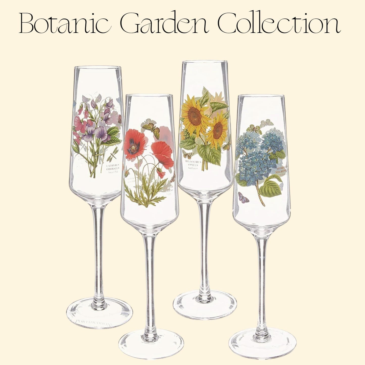 Portmeirion Botanic Garden 8oz Stemmed Champagne Flutes, Set of 4 - Assorted Floral Motifs, Stylish & Durable Glassware for Weddings, Home Bars, Special Occasions - Made in England