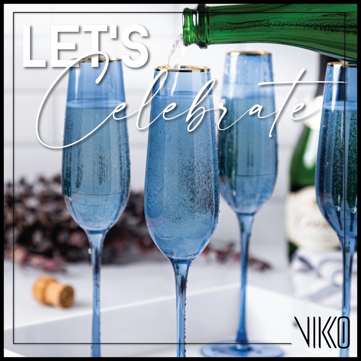 Vikko Champagne Flutes, 8.5 Ounce Toasting Champagne Flute, Blue with Gold Rim Crystal Clear Champagne Glasses, Set of 2 Elegant Sparkling Wine Glasses