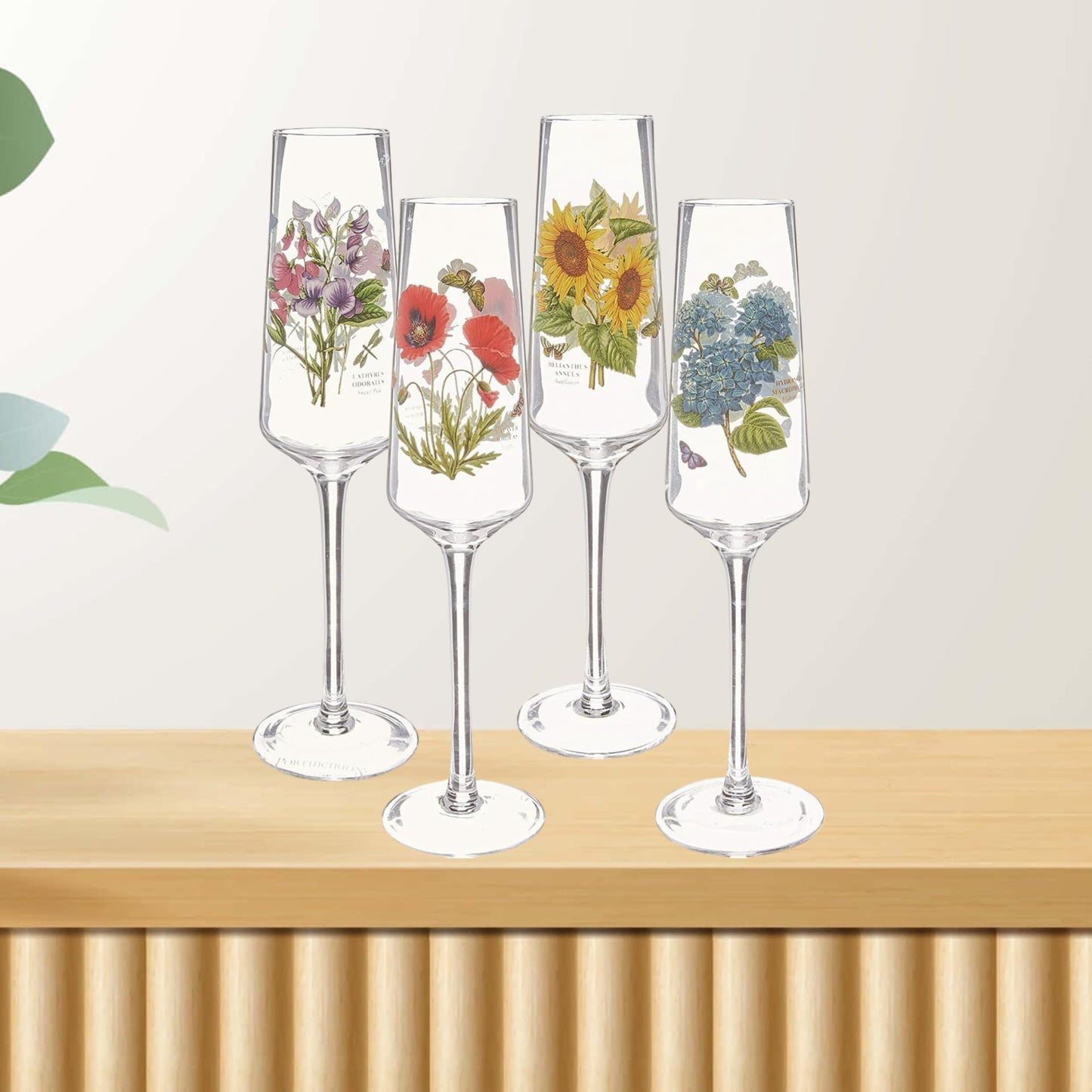 Portmeirion Botanic Garden 8oz Stemmed Champagne Flutes, Set of 4 - Assorted Floral Motifs, Stylish & Durable Glassware for Weddings, Home Bars, Special Occasions - Made in England