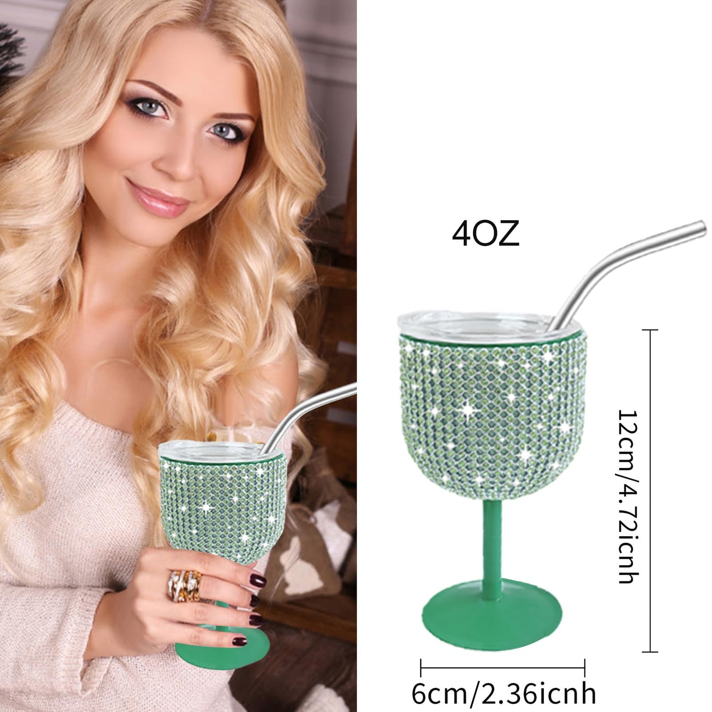 INSTOME Rhinestone Stainless Steel Wine Glasses,4oz Bling Stemmed Stainless Steel Wine Tumbler with Lid and Straw for Camping,Picnics,Travel,Birthday Gifts for Family (green, 4oz)