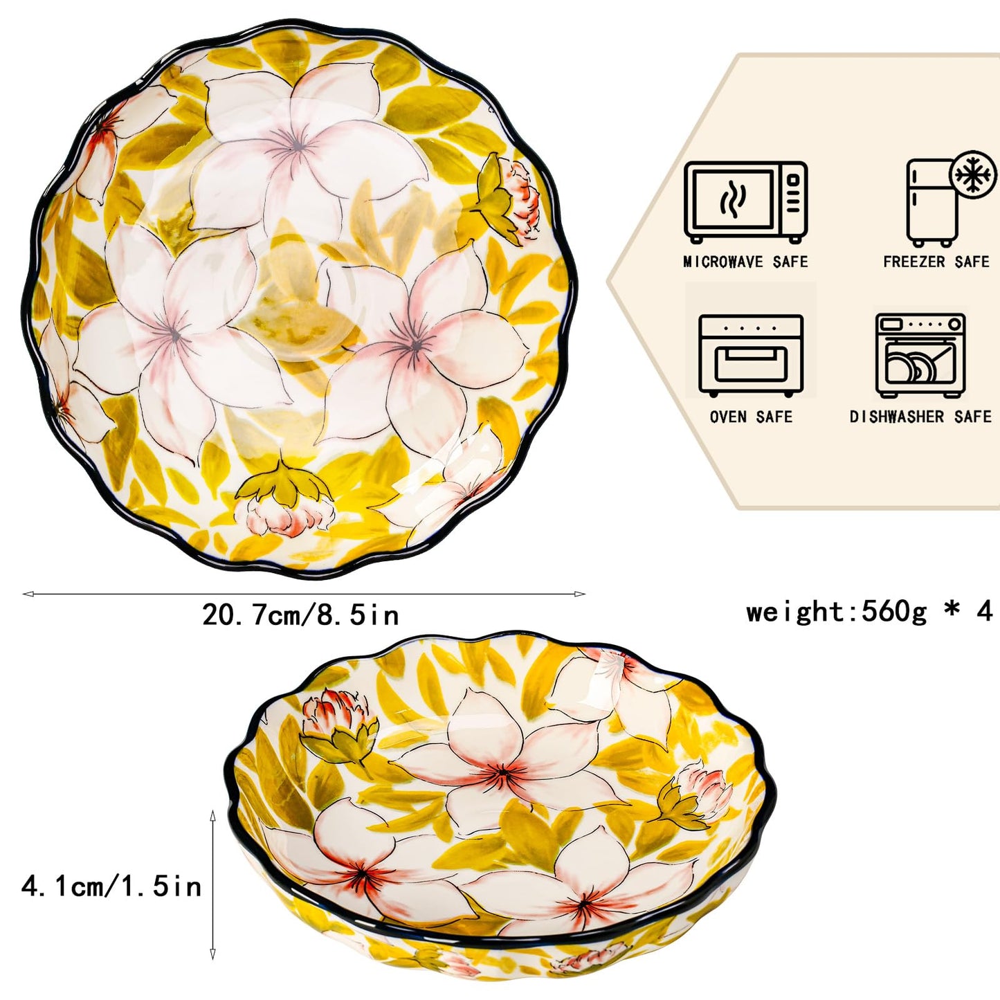 Gnlnkn 8-Inch Ceramic Dinner Plates Set of 4, Hand-Painted Floral Design, Scalloped Edges, Dishwasher & Microwave Safe, Decorative Plate Set for Serving & Entertaining