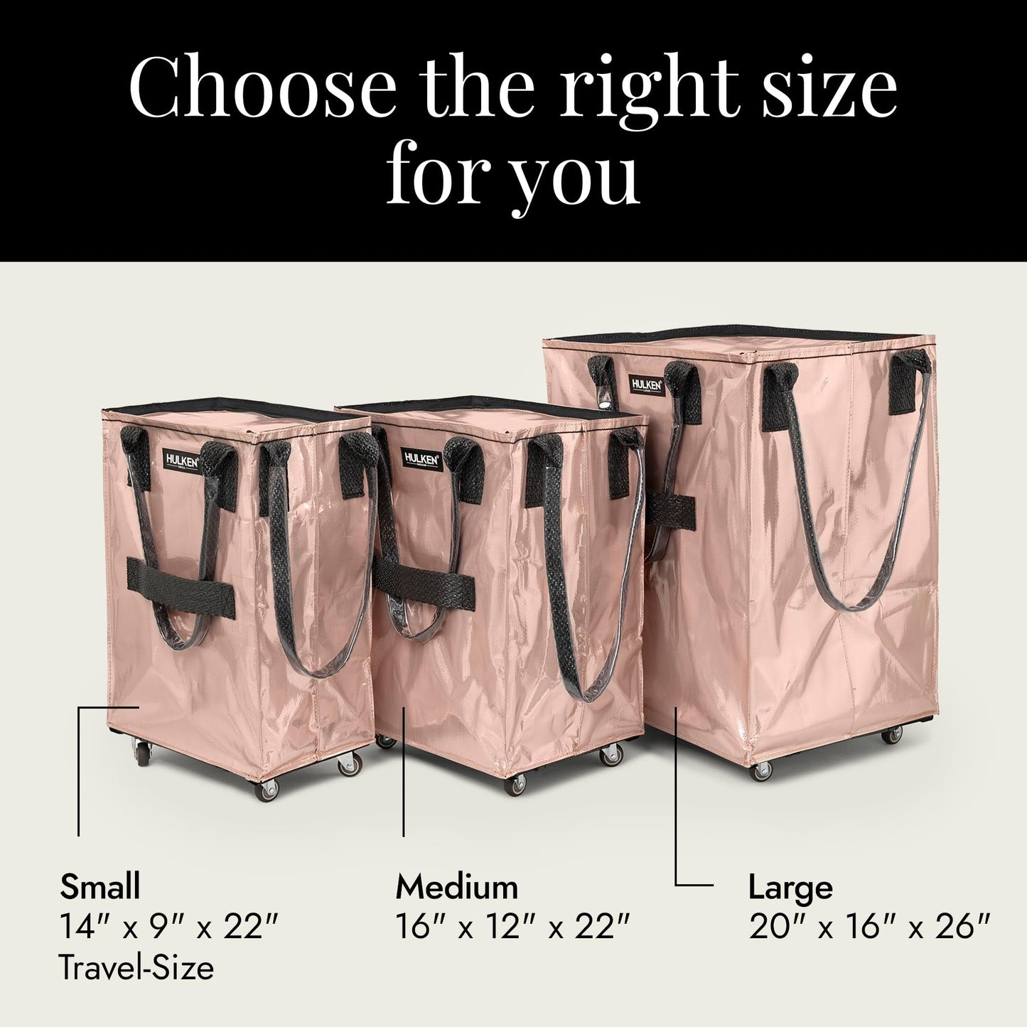 HULKEN (Medium, Rose Gold) Reusable Grocery Bag On Wheels, Shopping Trolley, Rolling Tote, Zipper Closure, Lightweight, Carries Up to 66 lb, Folds Flat, Unbreakable Handles