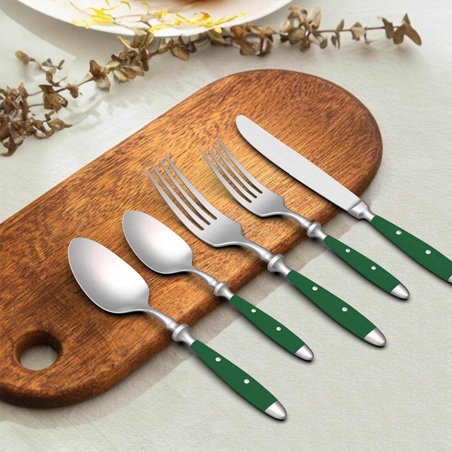 18/10 Brushed 20-Piece Silverware Set, Stainless Steel Flatware Set with POM Green Handle, Dishwasher Safe, Service for 4, Everyday Utensils Set for Home Restaurant