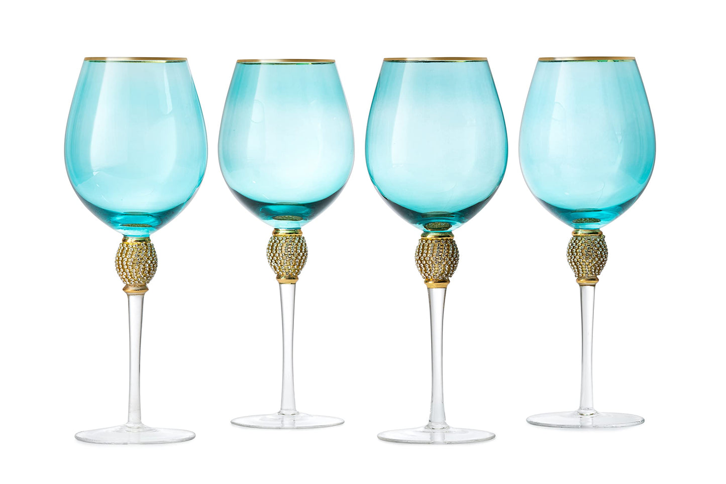 Large Blue Diamond Wine Glasses, Winter & Weddings, 10" H Gold Rim Rhinestone DIAMOND Studded Glasses - Wedding Glasses - 18oz, Premium Bling Designed Glassware, Crystal Long Stem Glass