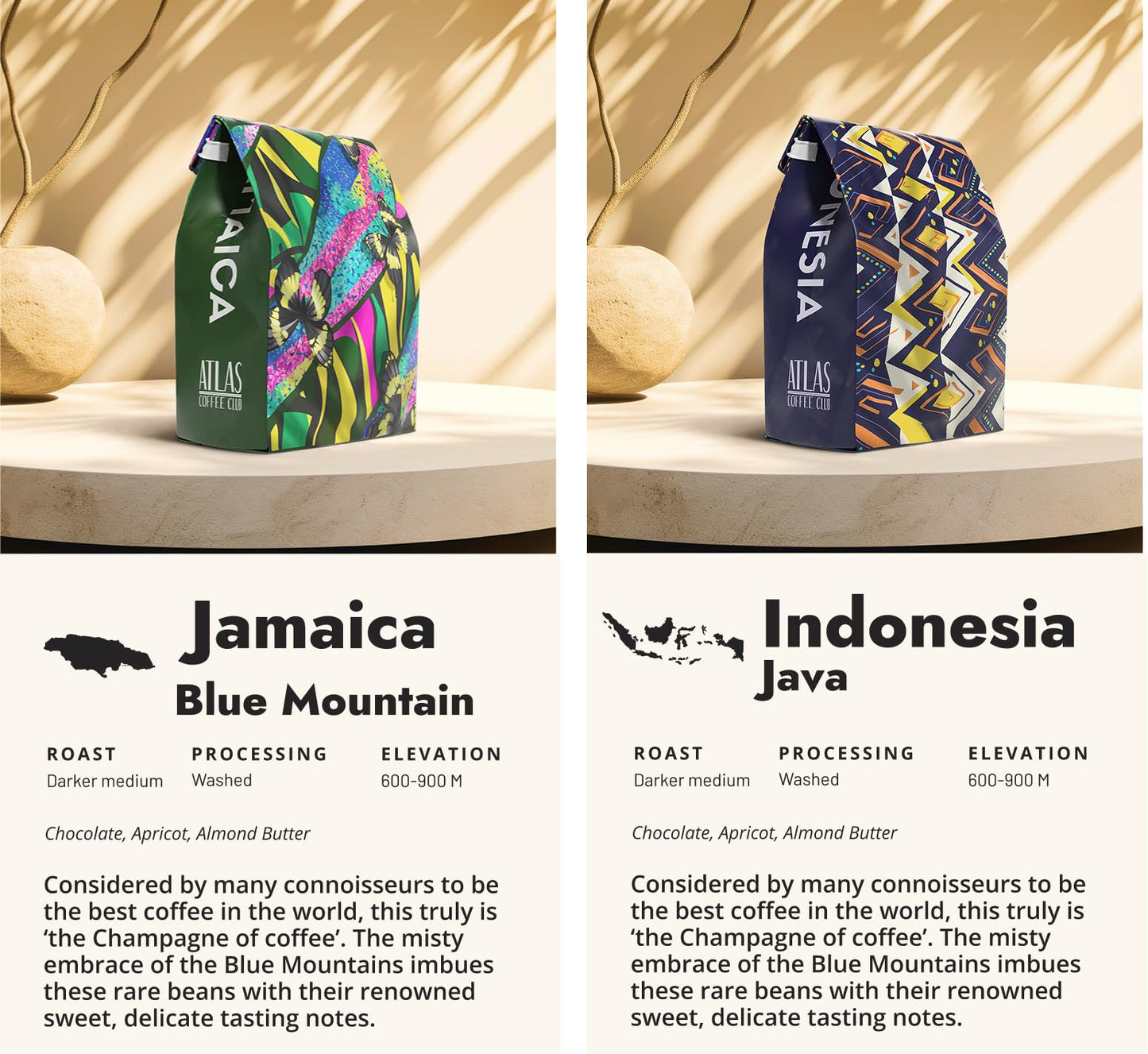 Atlas Coffee Club Rare Coffee Sampler, Gift Set for Him and Her, 4-Pack Variety Box of the World’s Most Unique Gourmet Single Origin Coffees Including Jamaica Blue Mountain, Freshly Ground