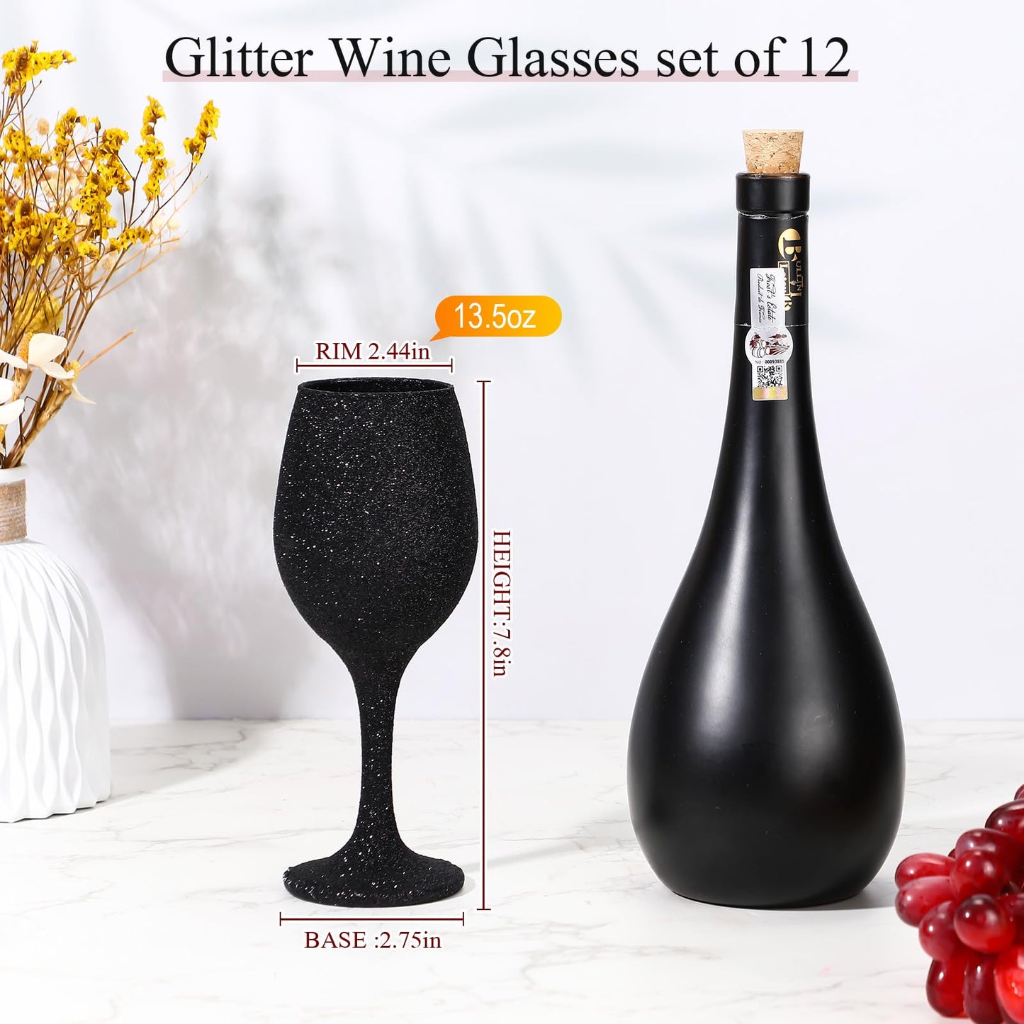 Singhoow Christmas Wine Glasses Set of 12, Glitter Long Stem Wine Glasses 13.5 oz Glitter Glass Wine Cups for Wedding, Anniversary and Home(Black)