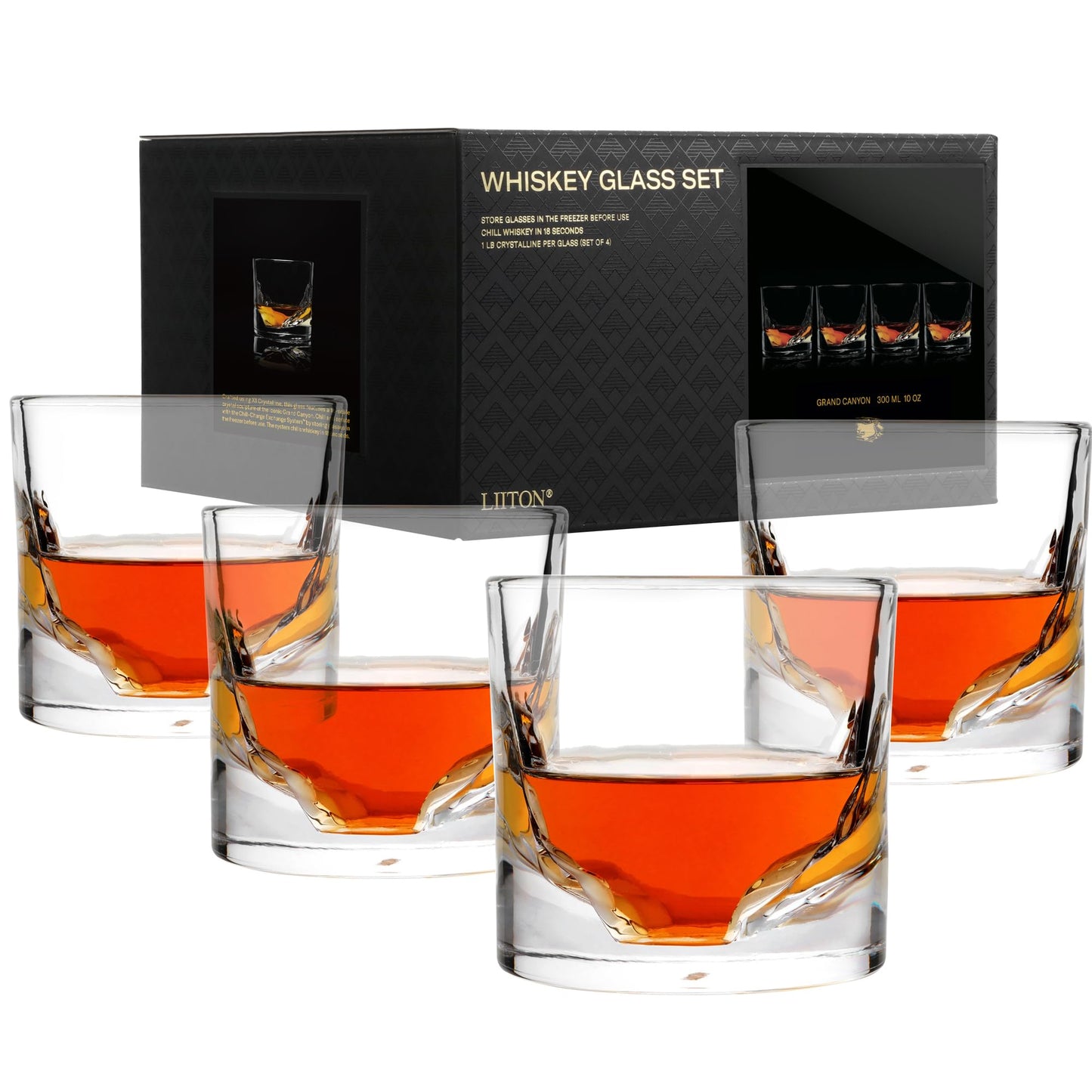 LIITON Heavy Crystal Whiskey Glasses Gift Set, Thick Freezable Bourbon Glass 1lb Each, Premium Whiskey Gifts for Men, Frozen Crystal Chills Cocktails