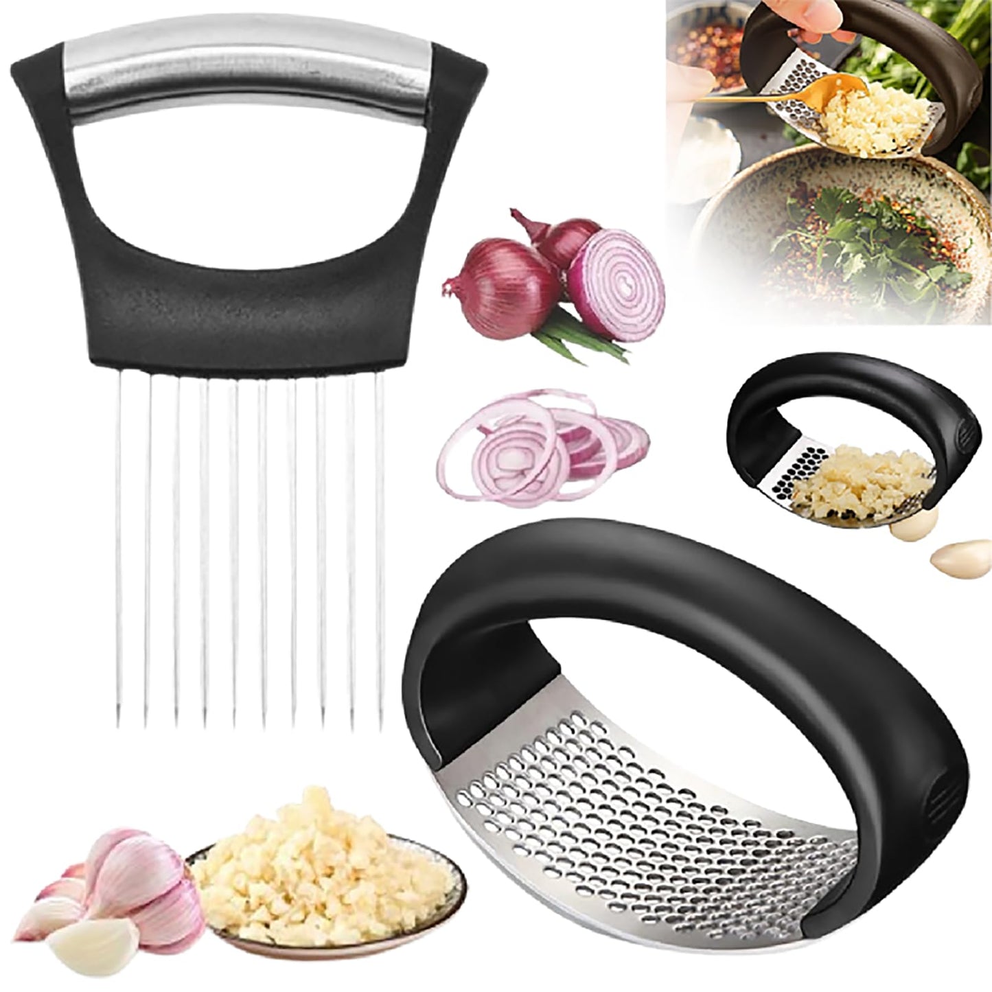 Garlic Mincer Tool, Stainless Steel Garlic Presser, Garlic Crusher with Onion Holder for Slicing, Garlic Chopper Mincer Crusher Grinder Masher with Shred Silk The Knife (Black, with Long Onion Fork)
